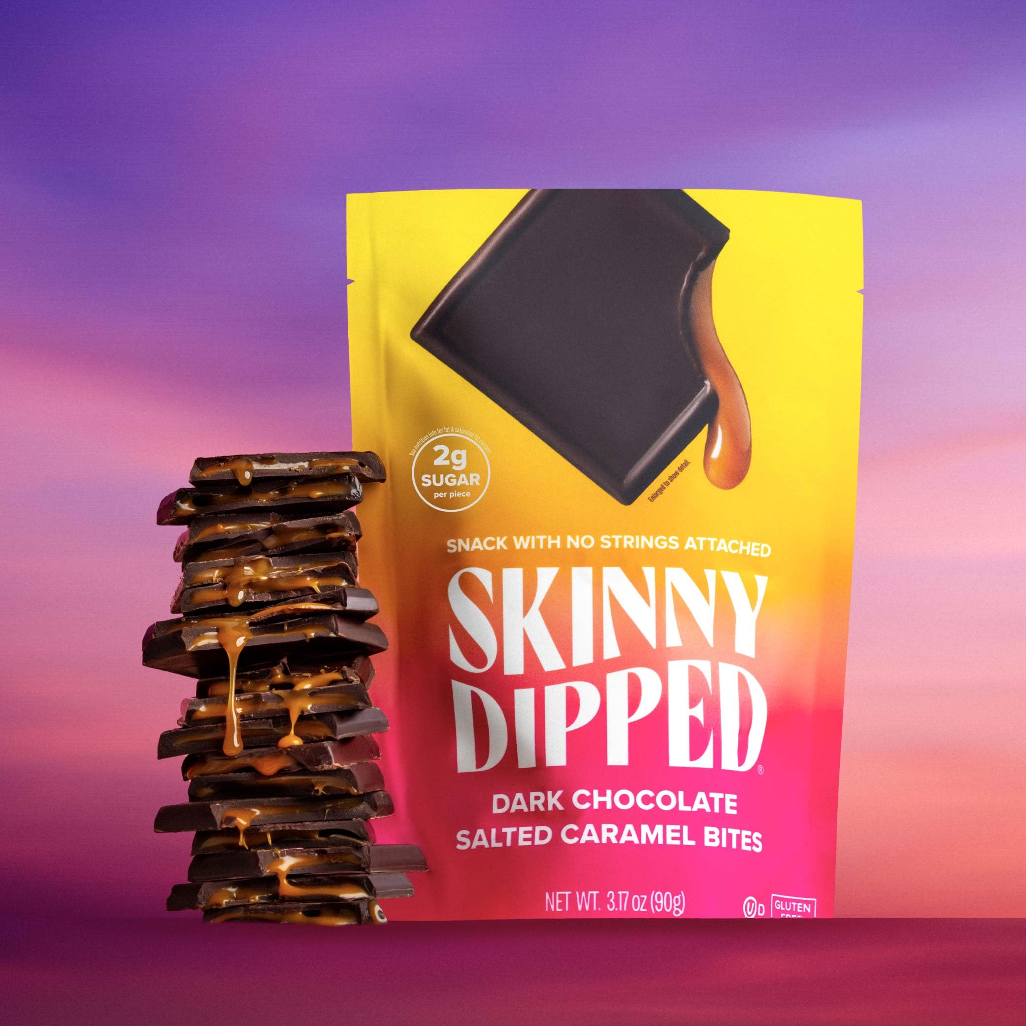 SkinnyDipped Dark Chocolate Salted Caramel Bites, 2g Sugar per Piece, Keto Friendly, No Palm Oil, Gluten Free, 4 Pack