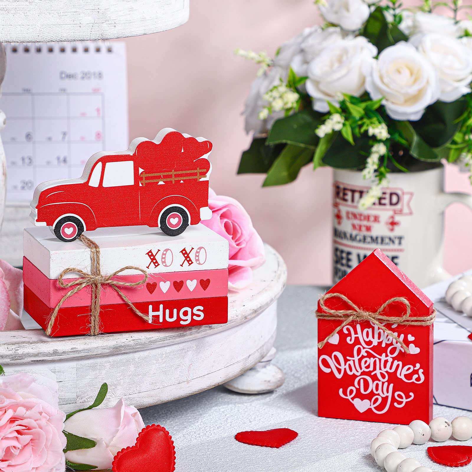 5 Pieces Valentine's Day Tiered Tray Decorations 3 Faux Books Bundle with Twine Red Truck and Valentine House Sign Valentine Truck Sign Valentine's Day Table Decor for Bookshelf Table (Heart)