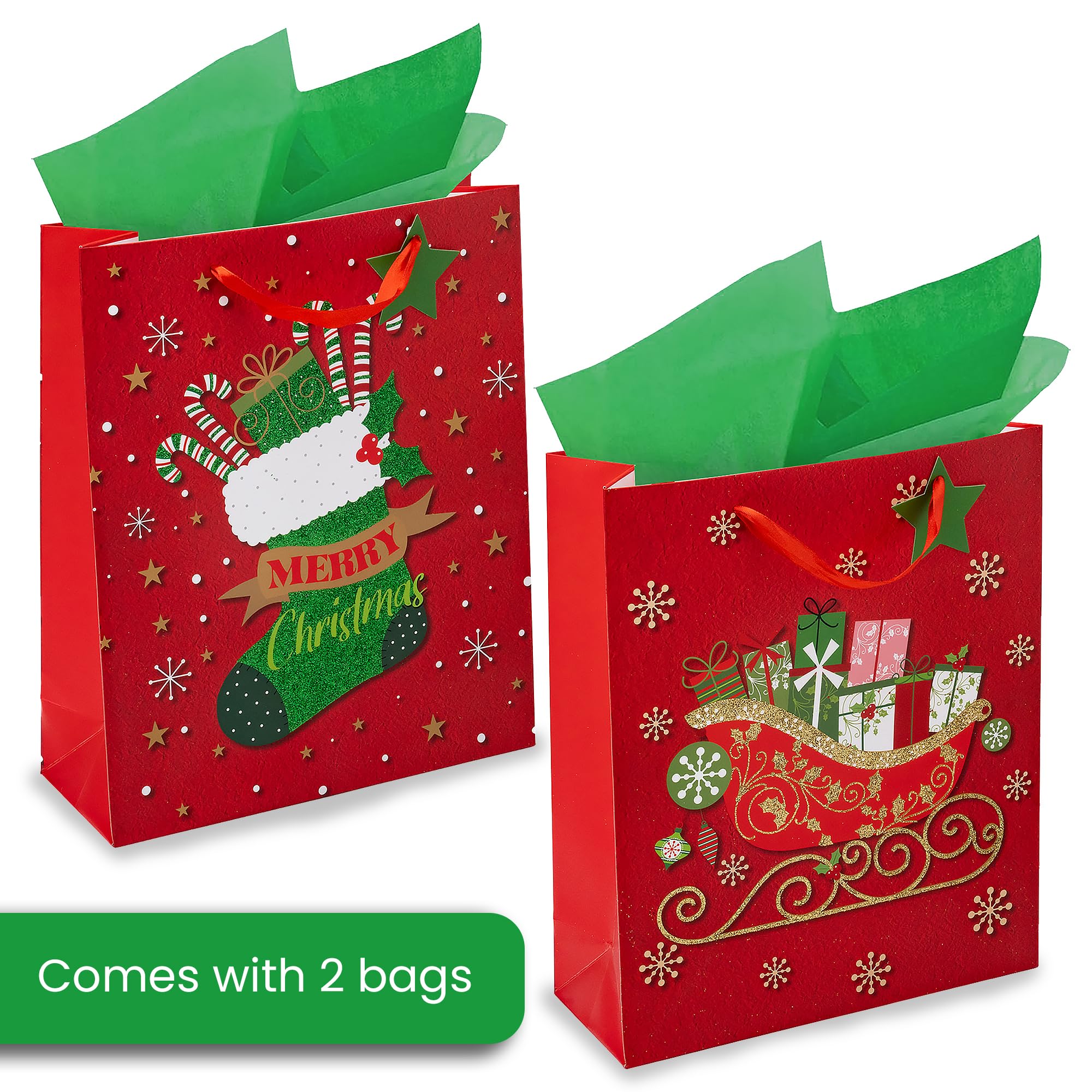 RACHELLE'S Christmas Gift Bags (Medium, 13"x10"x4") - 2 Pack Sturdy Paper Gift Bags with Tissue Paper, Tag and Handle - Ideal Party Favors and Gifting this Christmas Holiday Season