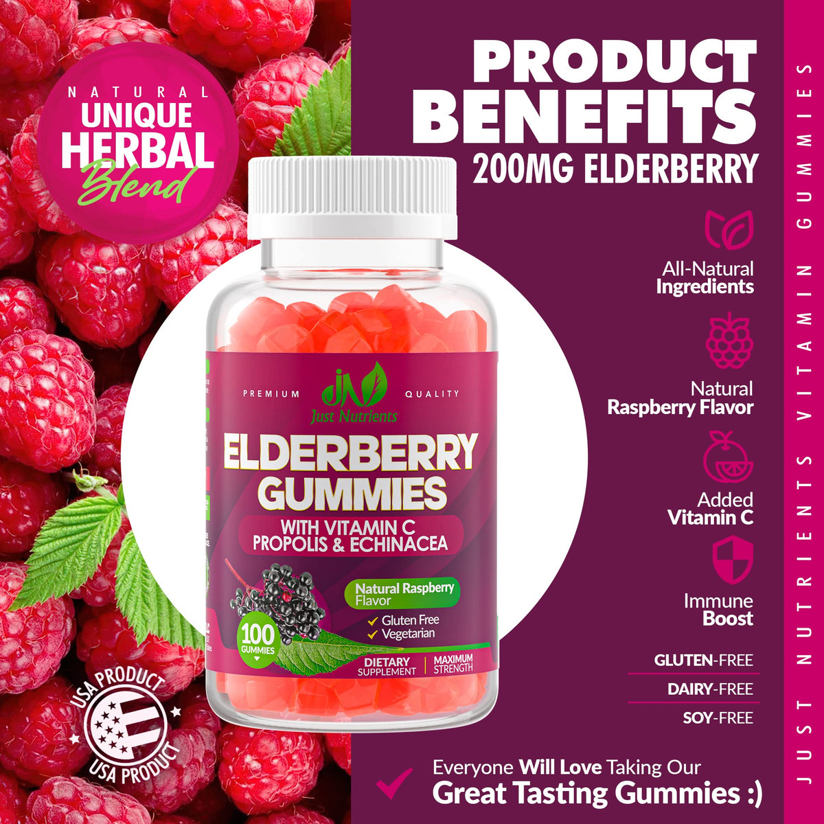 Elderberry Gummies with Vitamin C, Echinacea, Propolis (100 count) - Immune Support for Adults & Kids - Maximum Strength, Great Tasting Raspberry Flavor - Gluten-Free, Vegan - 100 Gummies