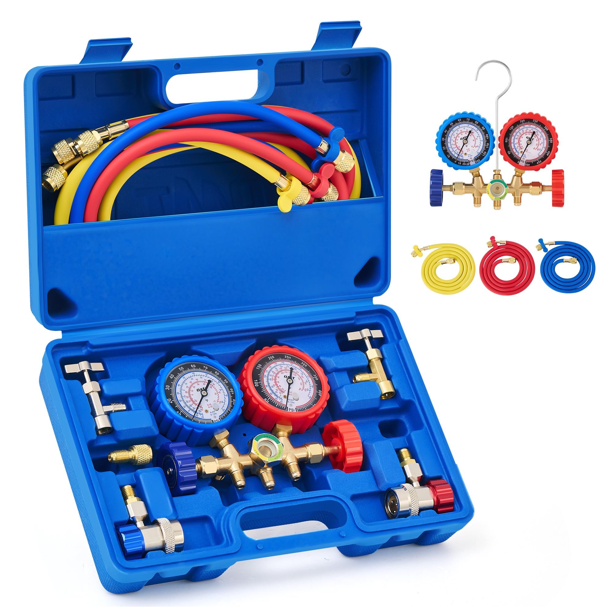 Orion Motor Tech AC Gauges, AC Manifold Gauge Set for R134a R12 R502 Refrigerant, 3 Way Car with 5FT Hoses Couplers & Adapter, Puncturing & Self Sealing Can Tap Freon Charge Kit