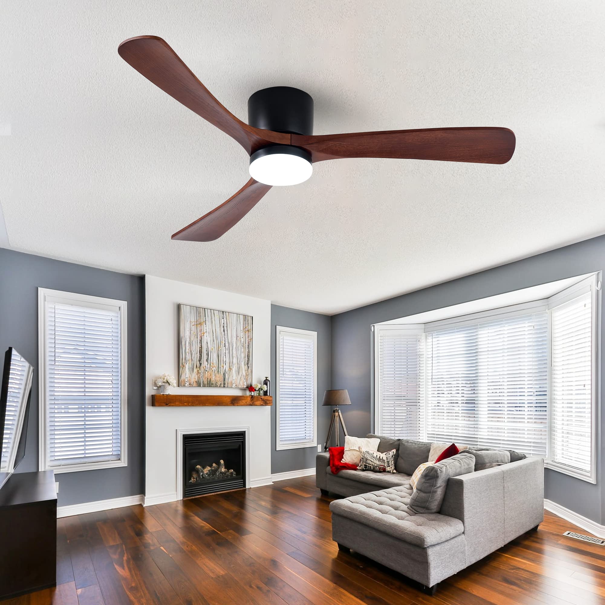 HUMHOLD 52" Wood Ceiling Fan with Lights Remote, Reversible DC Motor 6-Speed Ceiling Fan, 3 Blades Low Profile Flush Mount Ceiling Fans, Modern Ceilingfans for Low Profile, Walnut and Matte Black