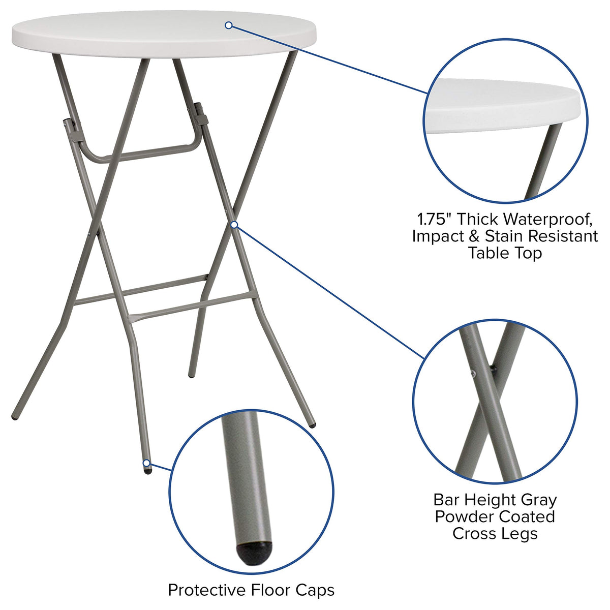 Flash Furniture Kathryn 2.63' Round Folding Bar Height Table for Parties and Commercial Events, Indoor/Outdoor Plastic Bar Height Folding Table, White