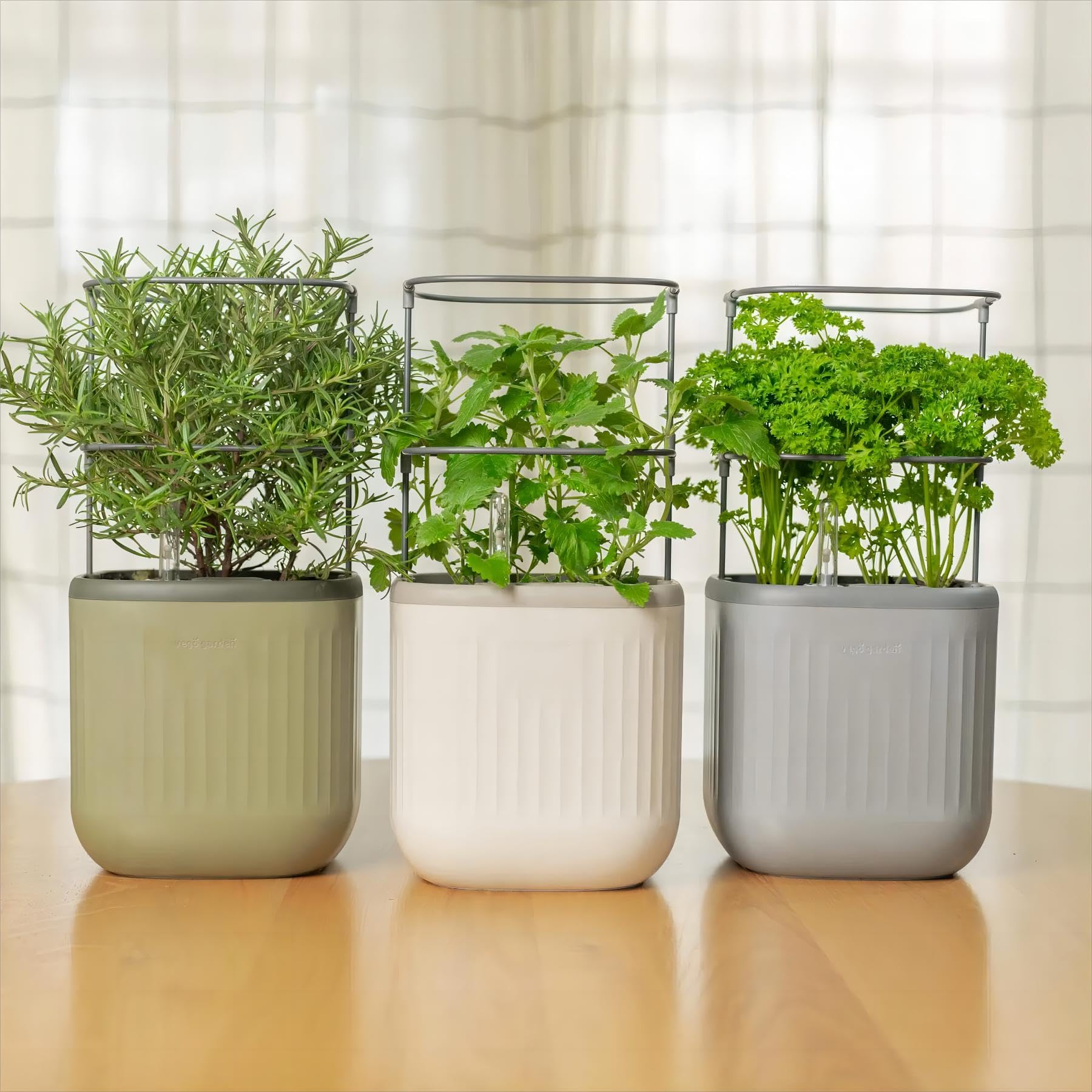 Vego Garden Mini Planter Indoor Pots with Trellis Self-Watering Herb Countertop Planter for Climbing Vegetables Flowers Mint Plants Cage- Sage Green