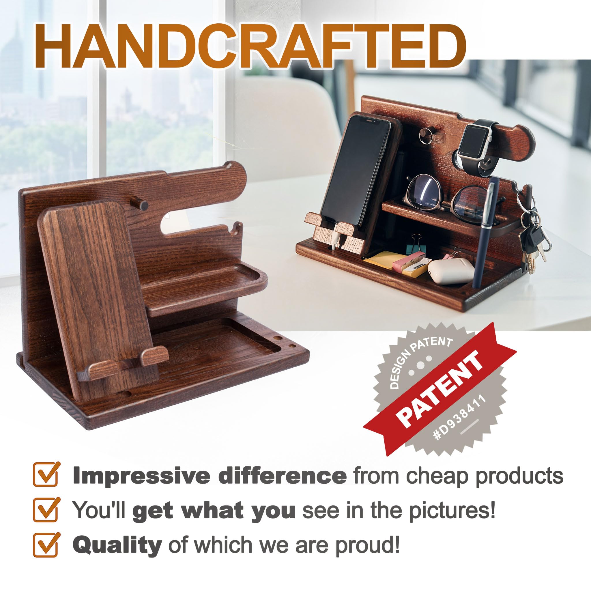 TESLYAR Wood Phone Docking Station for men - Desk Accessories & Workspace Organizer - Nightstand organizer - Birthday gifts for Men or Dad - Idea for Anniversary - Key Holder - Stand Watch (Brown)