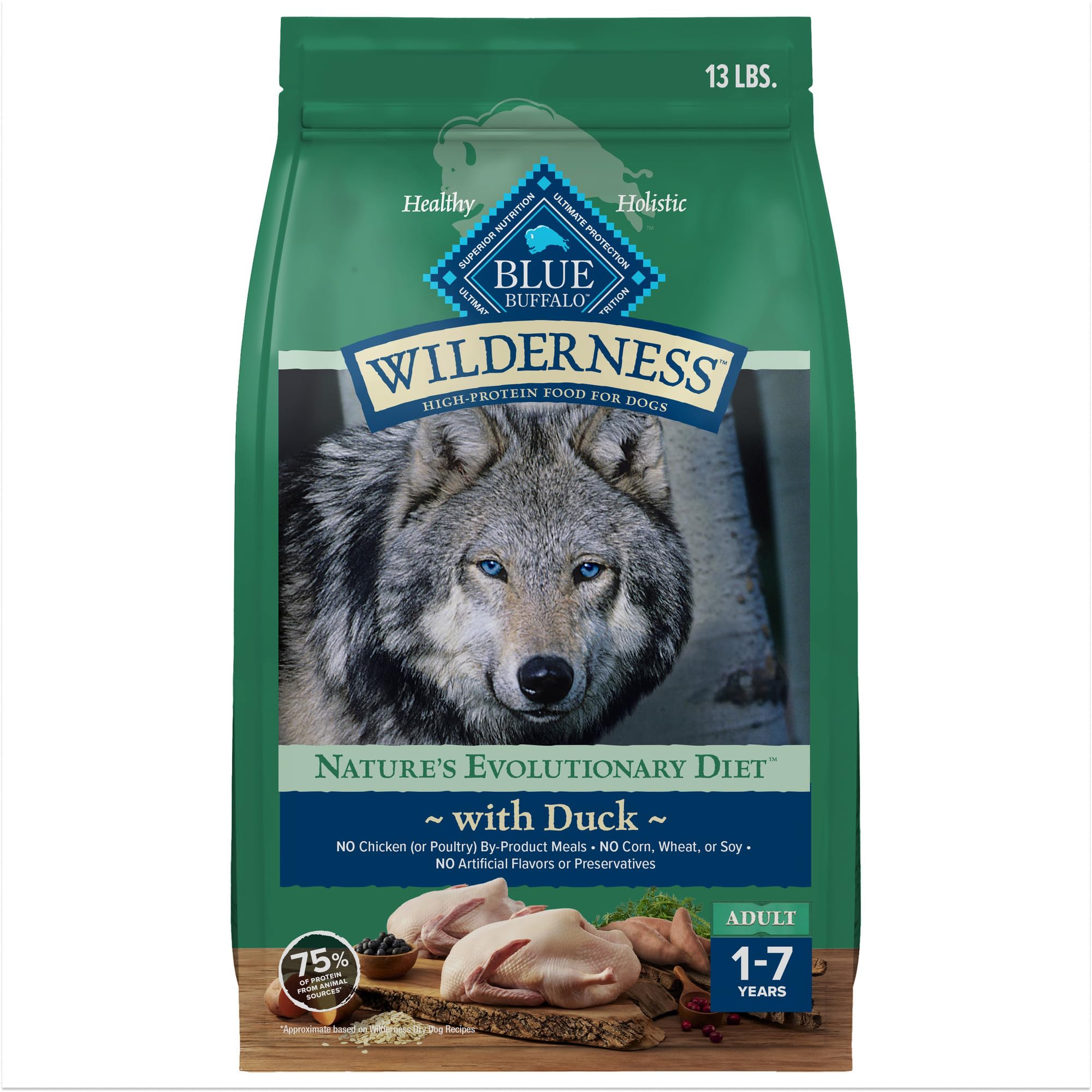 Blue Buffalo Wilderness Natural High-Protein Dry Food for Adult Dogs, with Wholesome Grains, Duck, 13-lb bag.