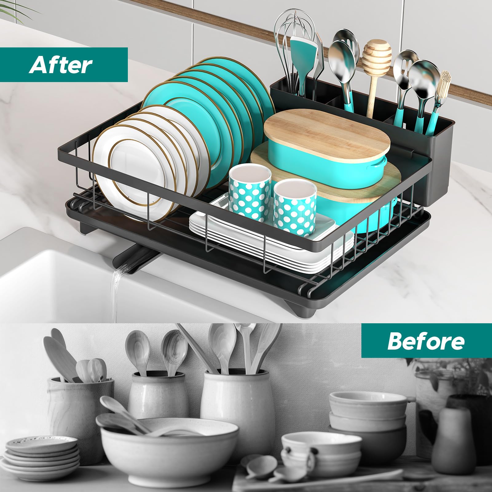 MERRYBOX Dish Drying Rack Large Capacity 2 Tier Dish Drying Rack Multifunctional Rustproof Dish Drainers for Kitchen Counter with Drainboard Leak-Proof Spout,Large Utensil Holder, Cup Holder, Black