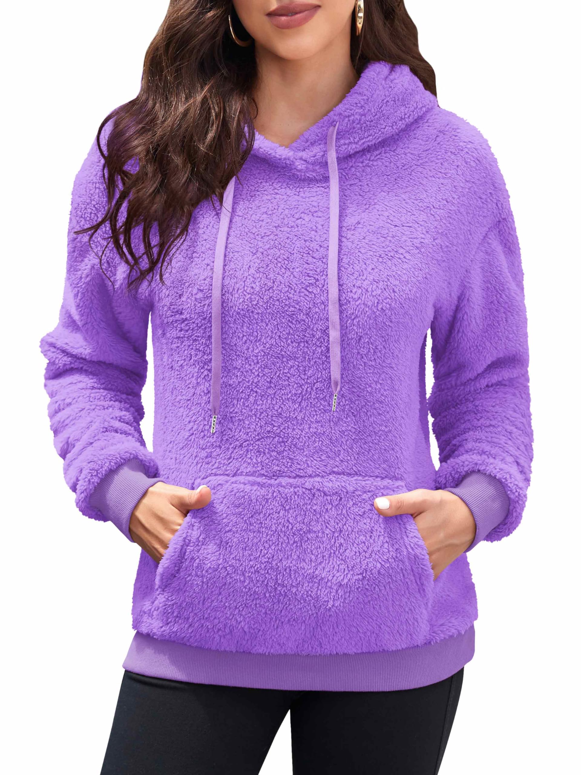 Neineiwu Womens Plus Size Hoodies Cozy Soft Warm Winter Casual Solid Fuzzy Sweatshirt Sherpa Pullovers Outerwear Fashion Hooded with Pockets (Purple XXL)