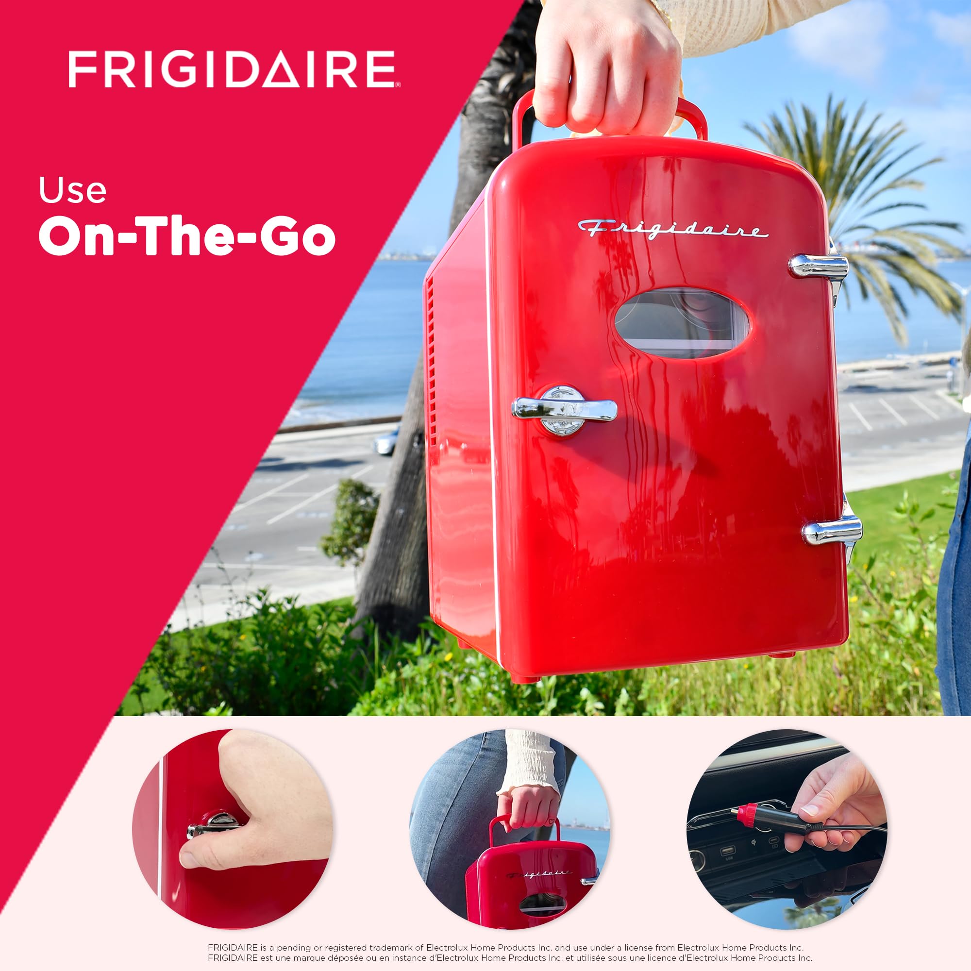 Frigidaire EFMIS129-RED_CP4 Mini Personal Fridge Cooler, 1 Gal Capacity fits Six Cans, Includes Plugs for Home Outlet & DC Charger-9.84" D x 7.09" W x 10.35" H, standard