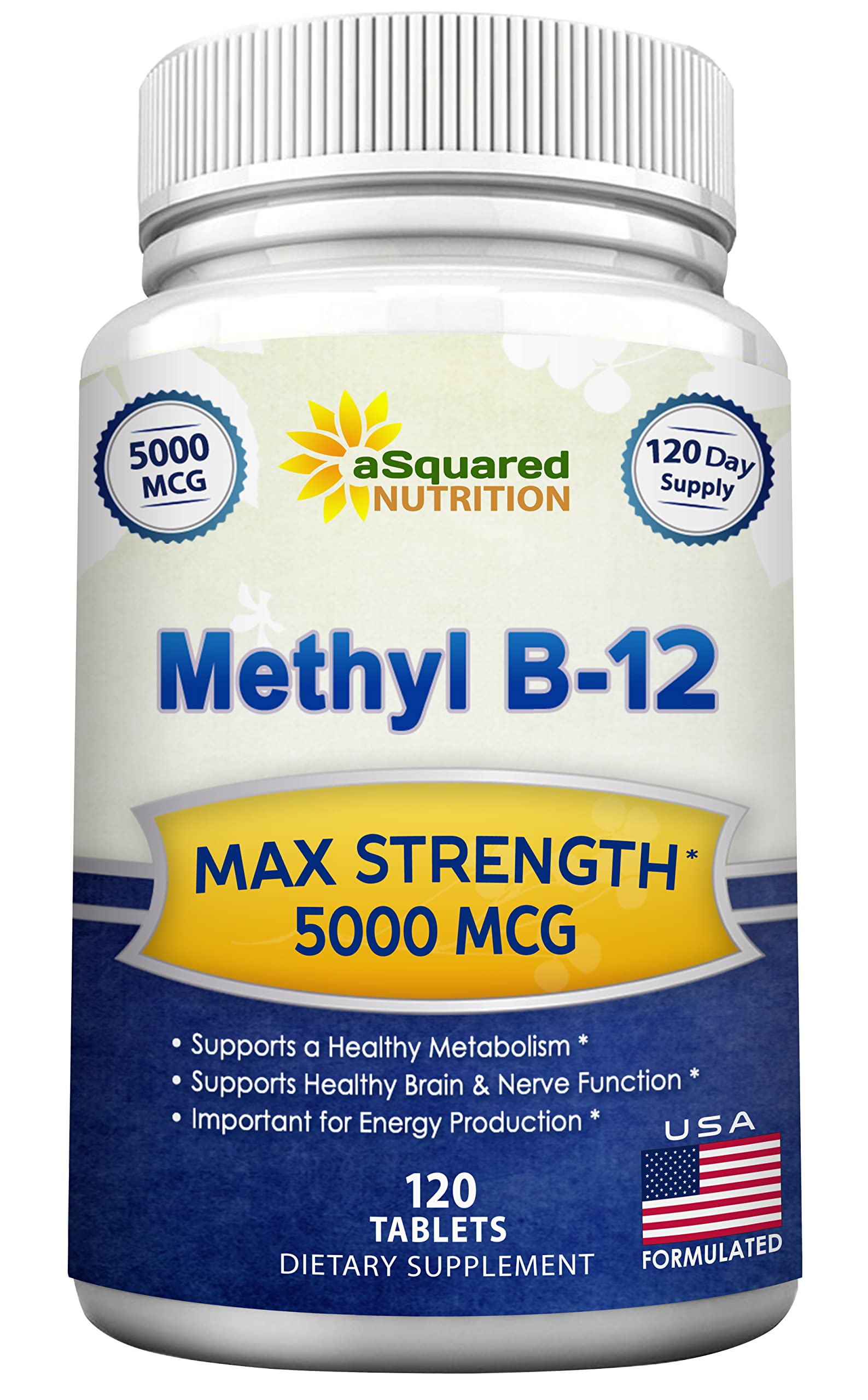 aSquared Nutrition Vitamin B12-5000 MCG Supplement with Methylcobalamin (Methyl B-12) - Max Strength Vitamin B 12 Support to Help Boost Natural Energy, Benefit Brain & Heart Function - 120 Tablets