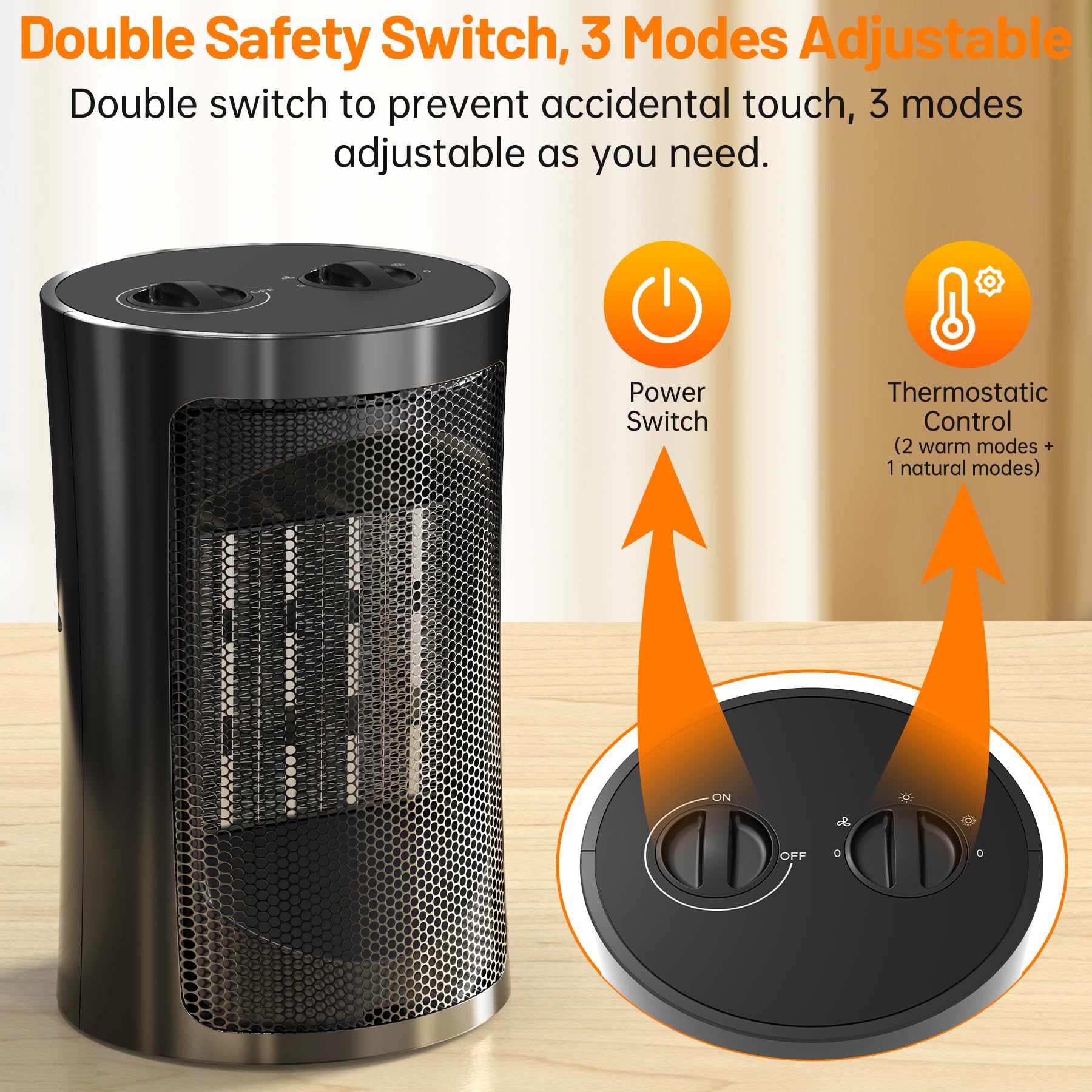 Space Heaters for Indoor Use, Portable 1500W/750W PTC Ceramic Space Heater, Small Space Heater with Thermostat, Three Modes, Overheat and Tip-Over Protection for Office Home