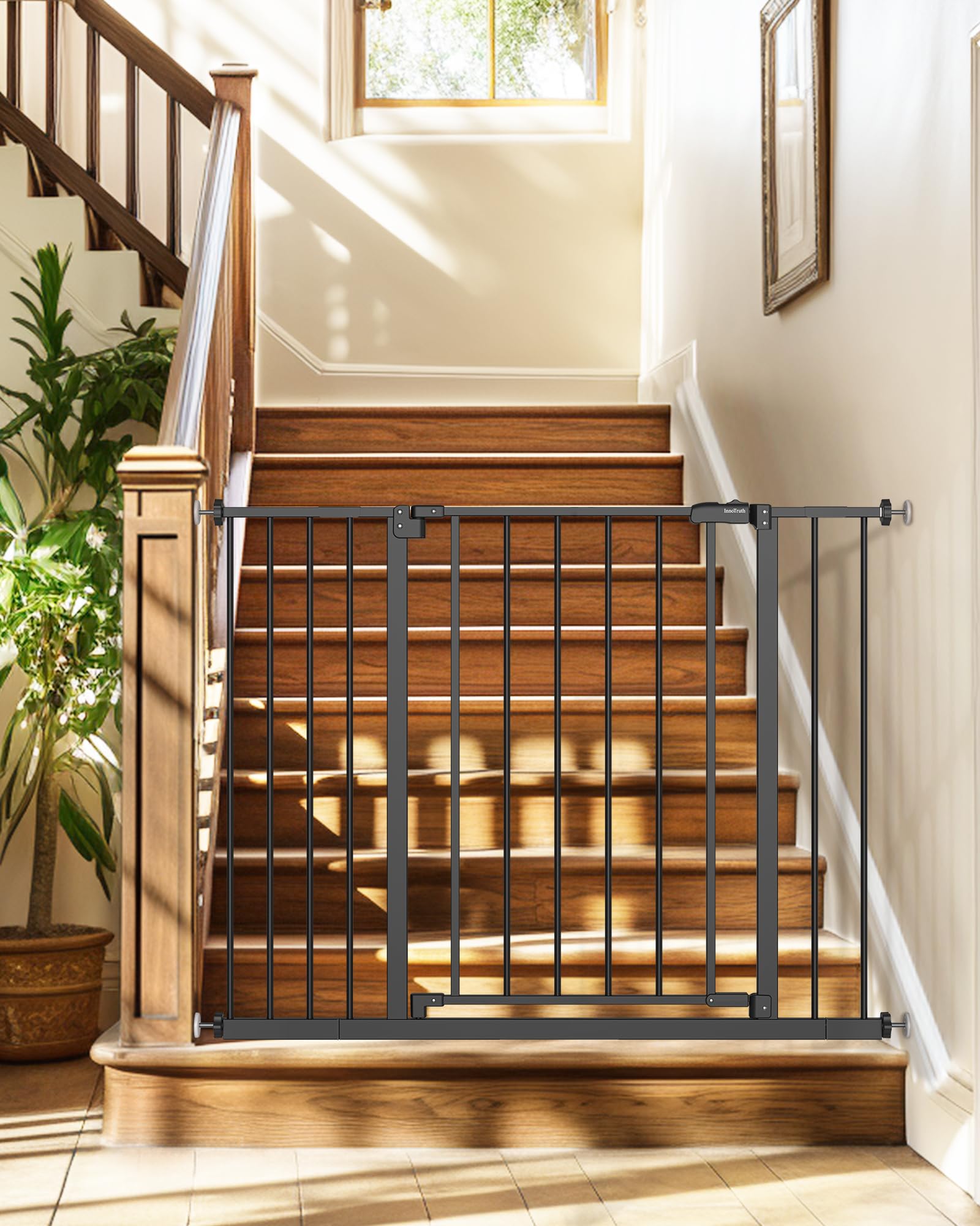 Mom's Choice Award-InnoTruth Dog Gate for Stairs, 28.9-42.1" Wide Baby Gate Indoor for Doorways, 30" Tall Pet Gate for Dogs Easy Walk Thru One Hand Opeing Dual Lock, Pressure Mount Easy Install, Black