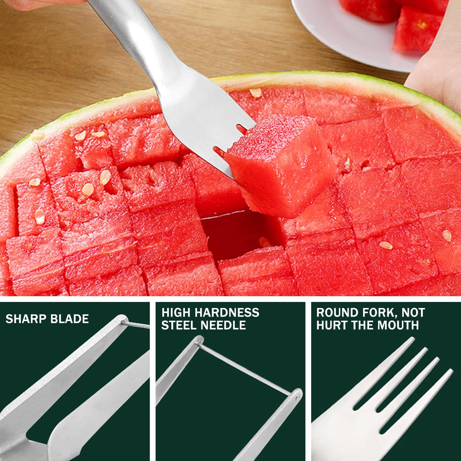 2-in-1 Stainless Steel Fruit Cutter, 2024 New Watermelon Slicer Cutter Summer Watermelon Fruit Cutting Fork, Stainless Steel Fruit Forks Slicer Knife for Home Kitchen Gadget (2)