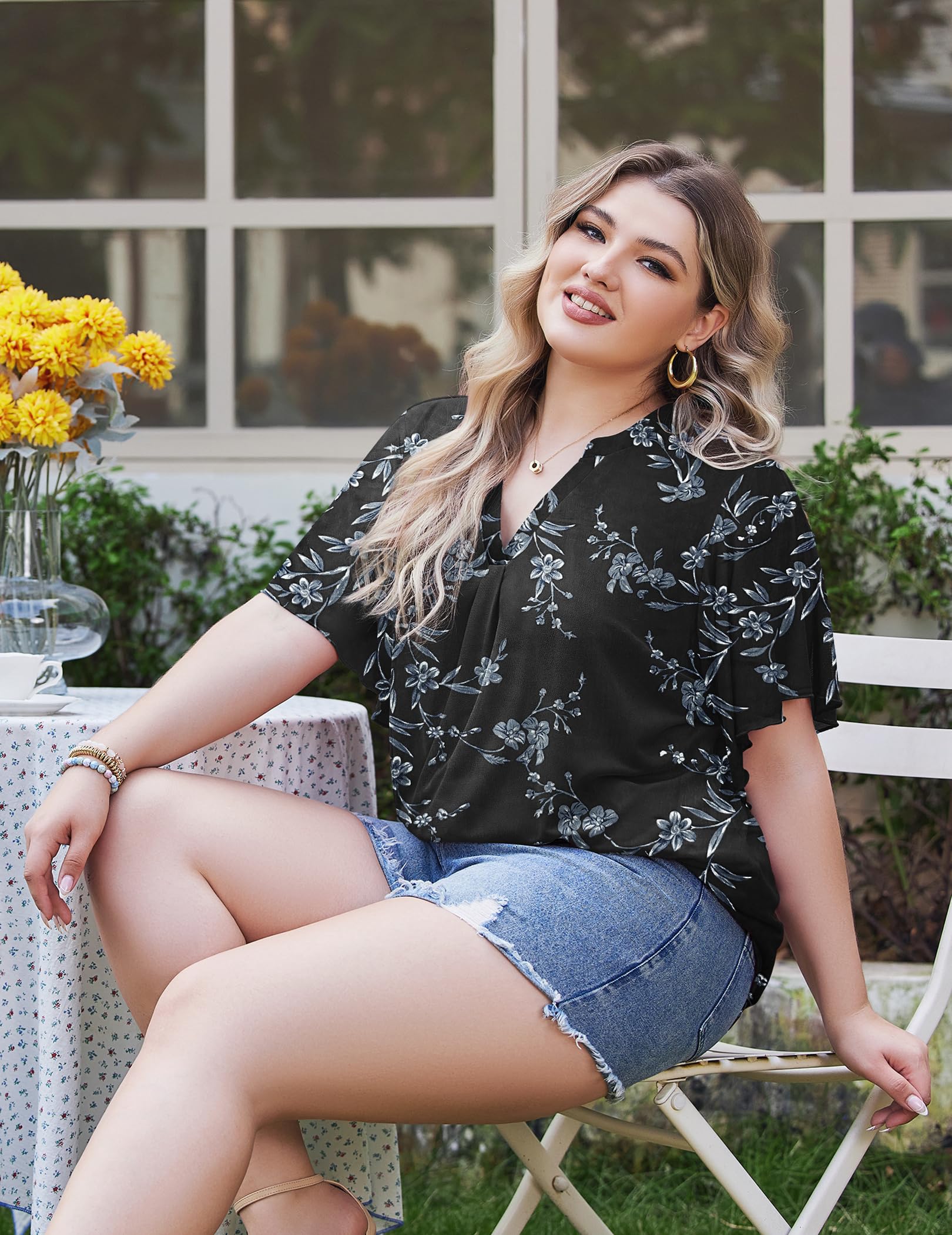 IN'VOLAND Women's Plus Size Blouses Short Sleeve Floral Double Layers Mesh V Neck Tunic Tops Dressy Flowy Stretchy Shirts Black 18W