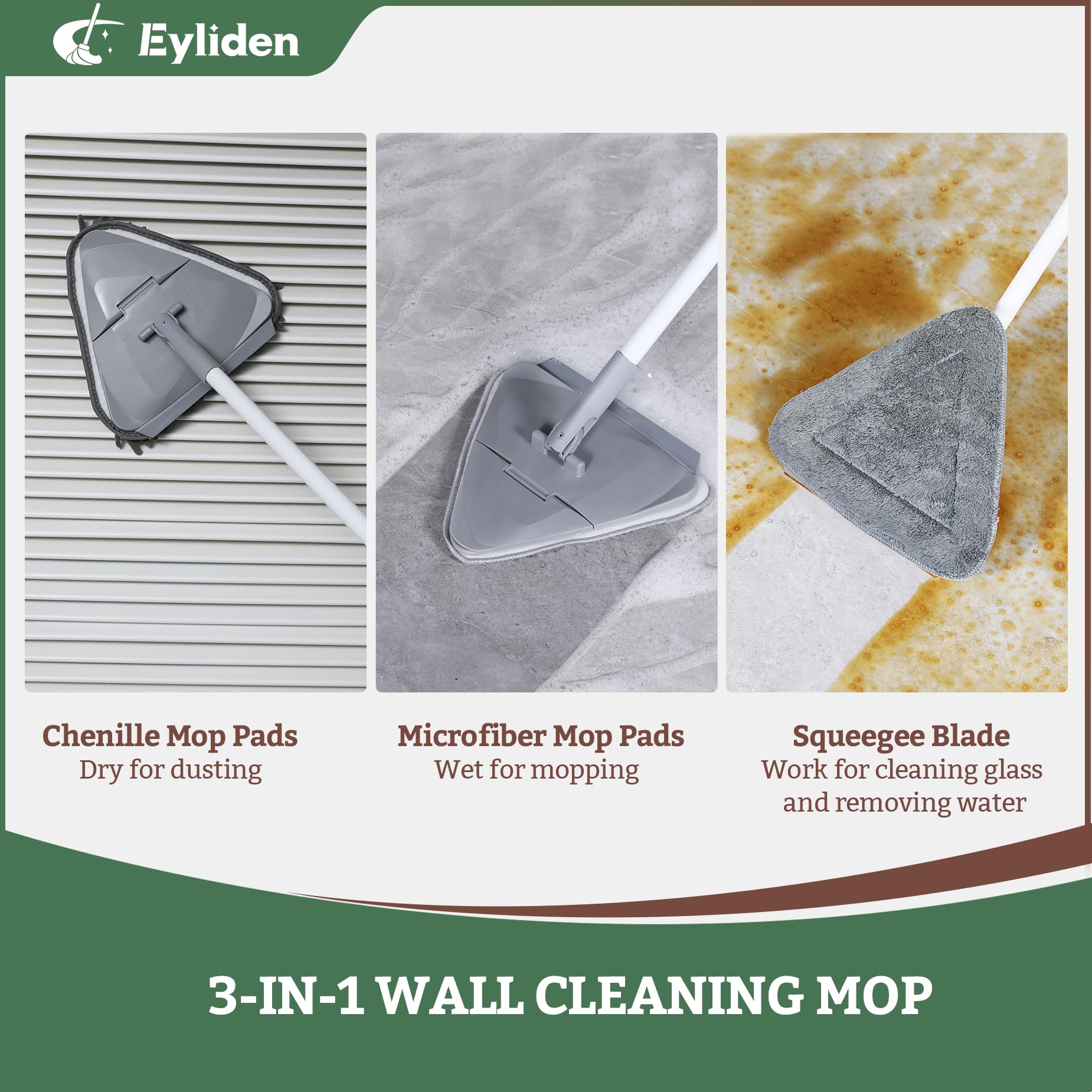 Eyliden Wall Cleaner Mop with Squeegee, 3-in-1 Rotatable Triangle Cleaning Mop with 6 Replacement Microfiber Chenille Pads, Ceiling and Baseboard Cleaner Tool Duster for Multiple Surface Floors Window