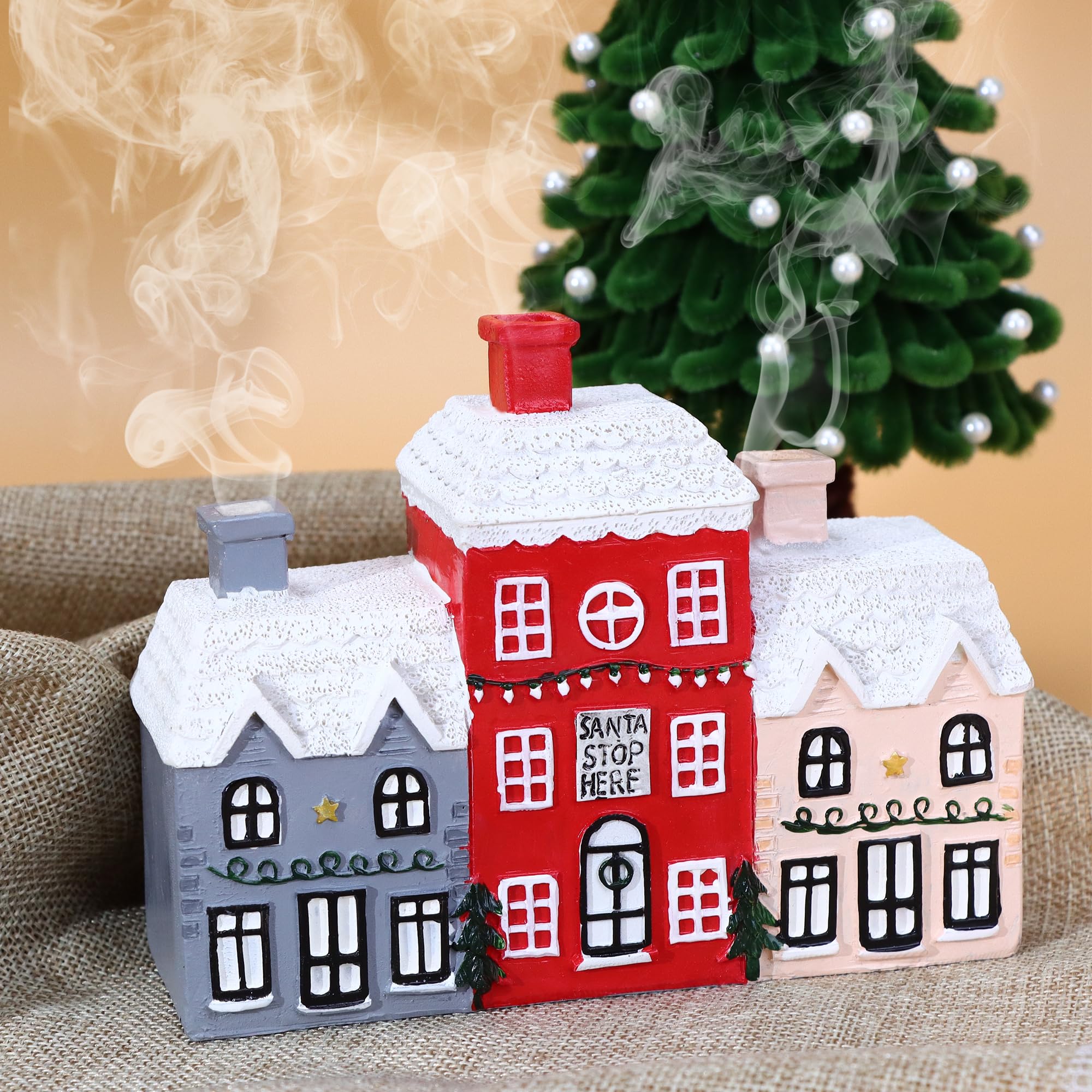 REAWOW Christmas Cabin Incense Burner Gingerbread House Incense Burner Village Incense Cone Holder Log Cabin Incense Burner for Holiday Decor Home Indoor Chimney