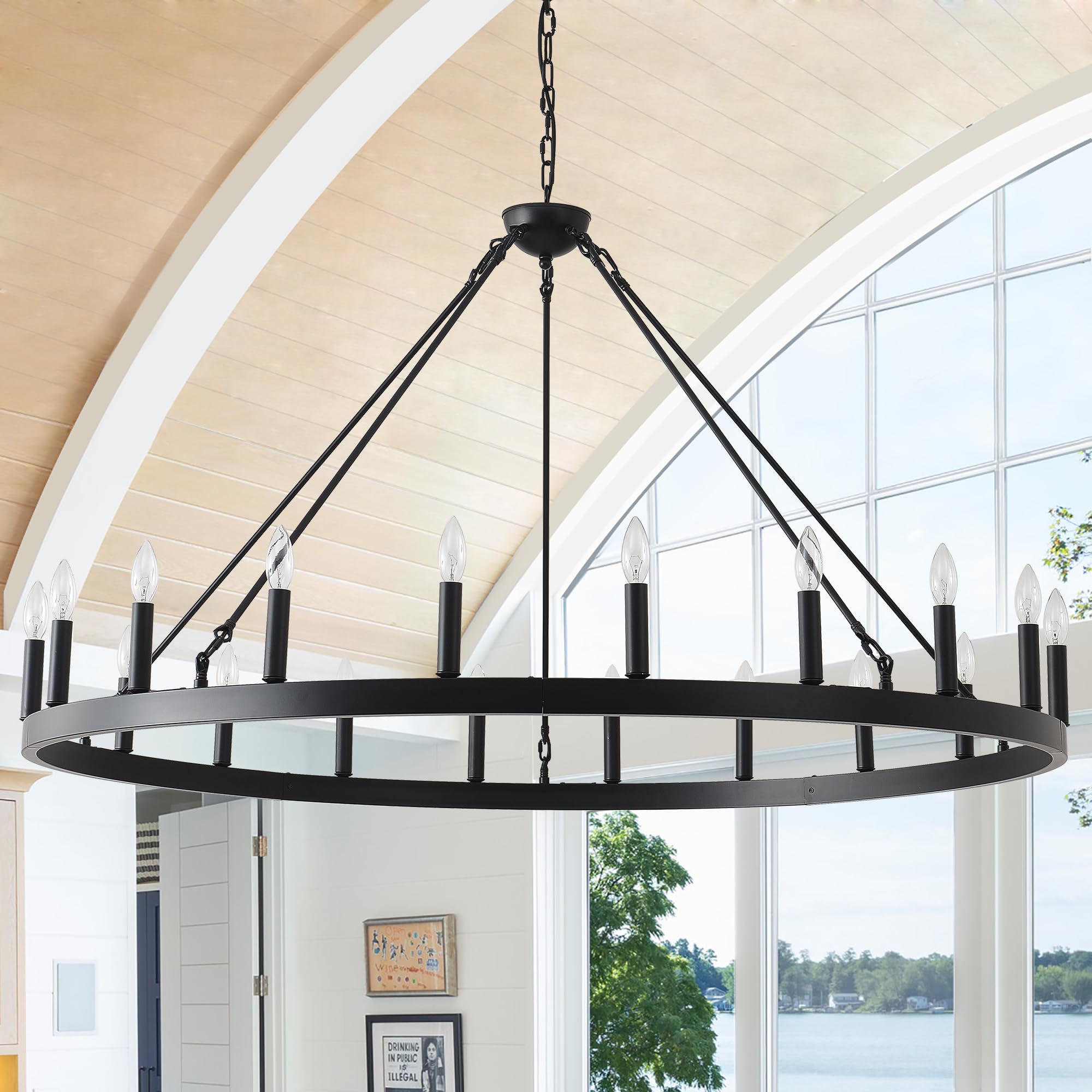 Viksroeo 53 Inch Black Extra Large Wagon Wheel Chandelier, 20-Lights Farmhouse Industrial Round High Ceiling Pendant Light Adjustable Chain for Outdoor Porch,Foyer,Dining Room, Living Room