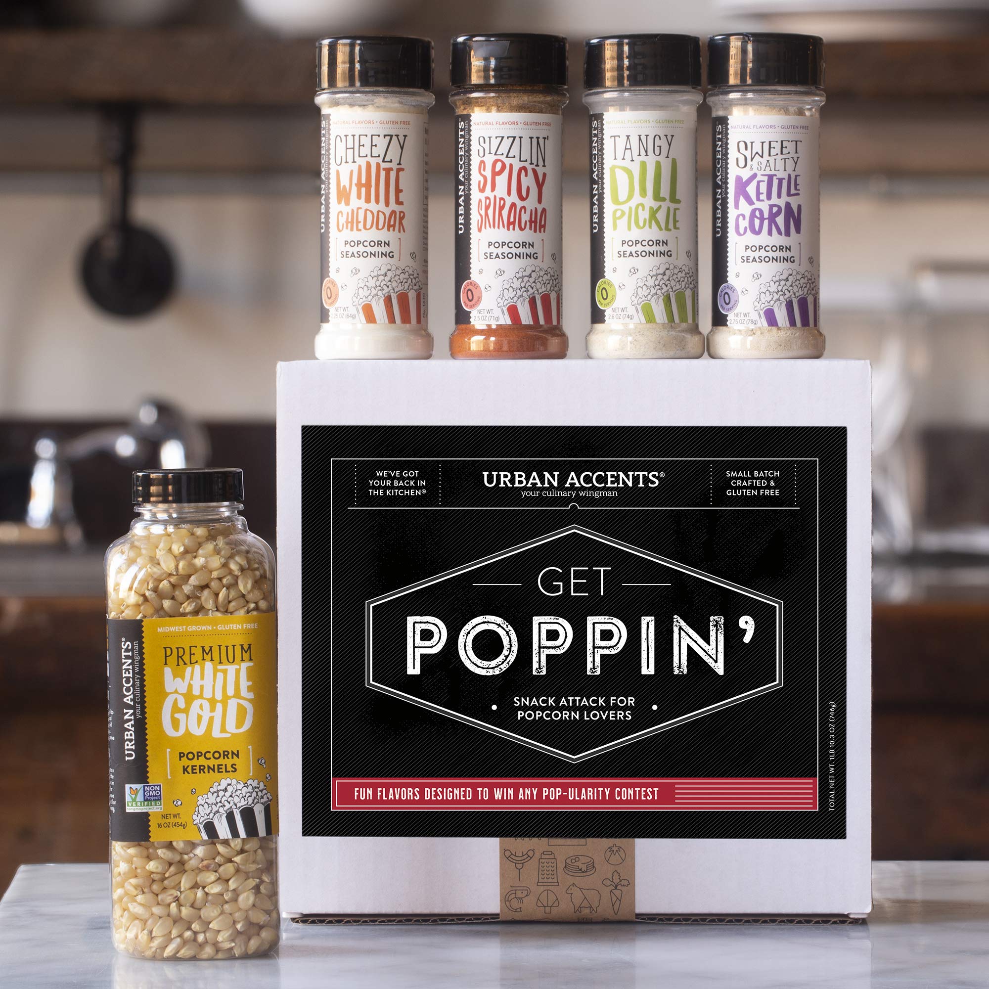 Urban Accents GET POPPIN', Gourmet Popcorn Seasoning Gift Set (Set of 5) - Delicious Non-GMO Popcorn Kernels and 4 Gourmet Popcorn & Snack Mix Seasonings