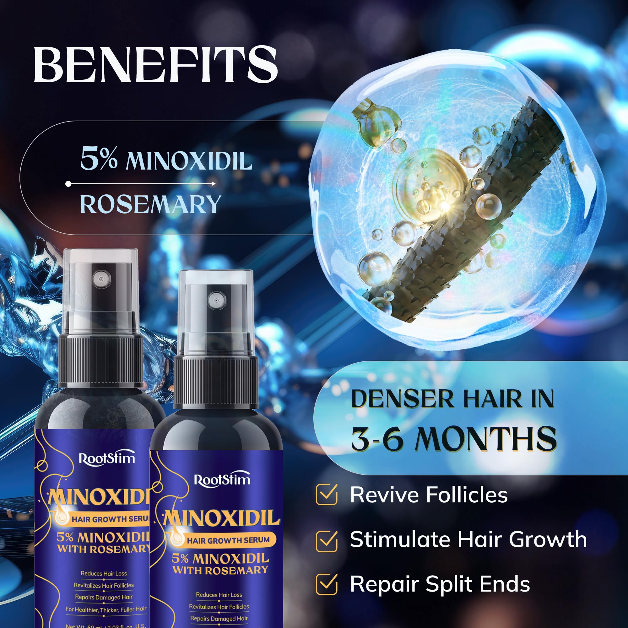 RootStim Biotin & Rosemary Hair Growth Shampoo and 5% Minoxidil Serum 2 packs Hair Loss Treatment