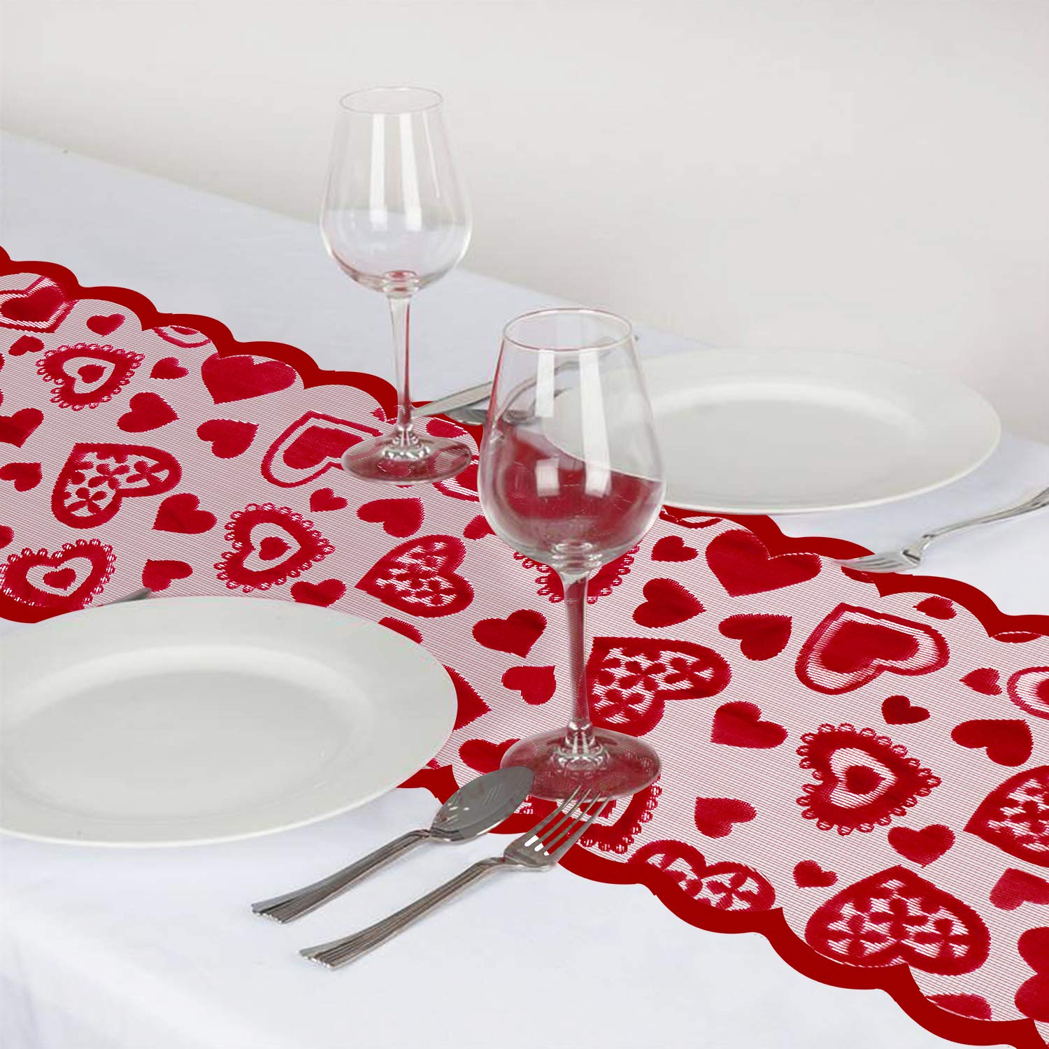 Mosoan Valentines Day Decor Table Runner - 13 x 72 Inch Red Lace Table Runner for Wedding Party, Valentines Decorations - Valentines Day Decor Home Romantic Decorations Heart Shaped Table Runner