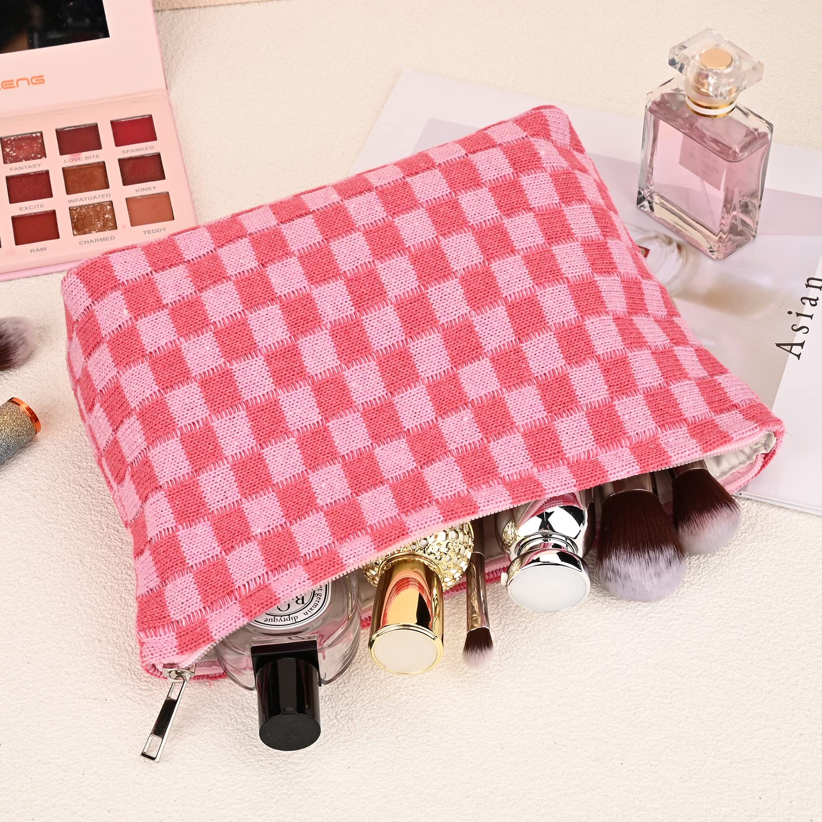 SOIDRAM 2 Pieces Makeup Bag Large Checkered Cosmetic Bag Capacity Canvas Mix Travel Toiletry Bag Organizer Cute Makeup Brushes Aesthetic Accessories Storage Bag for Women, Checkered Mix Rose Red