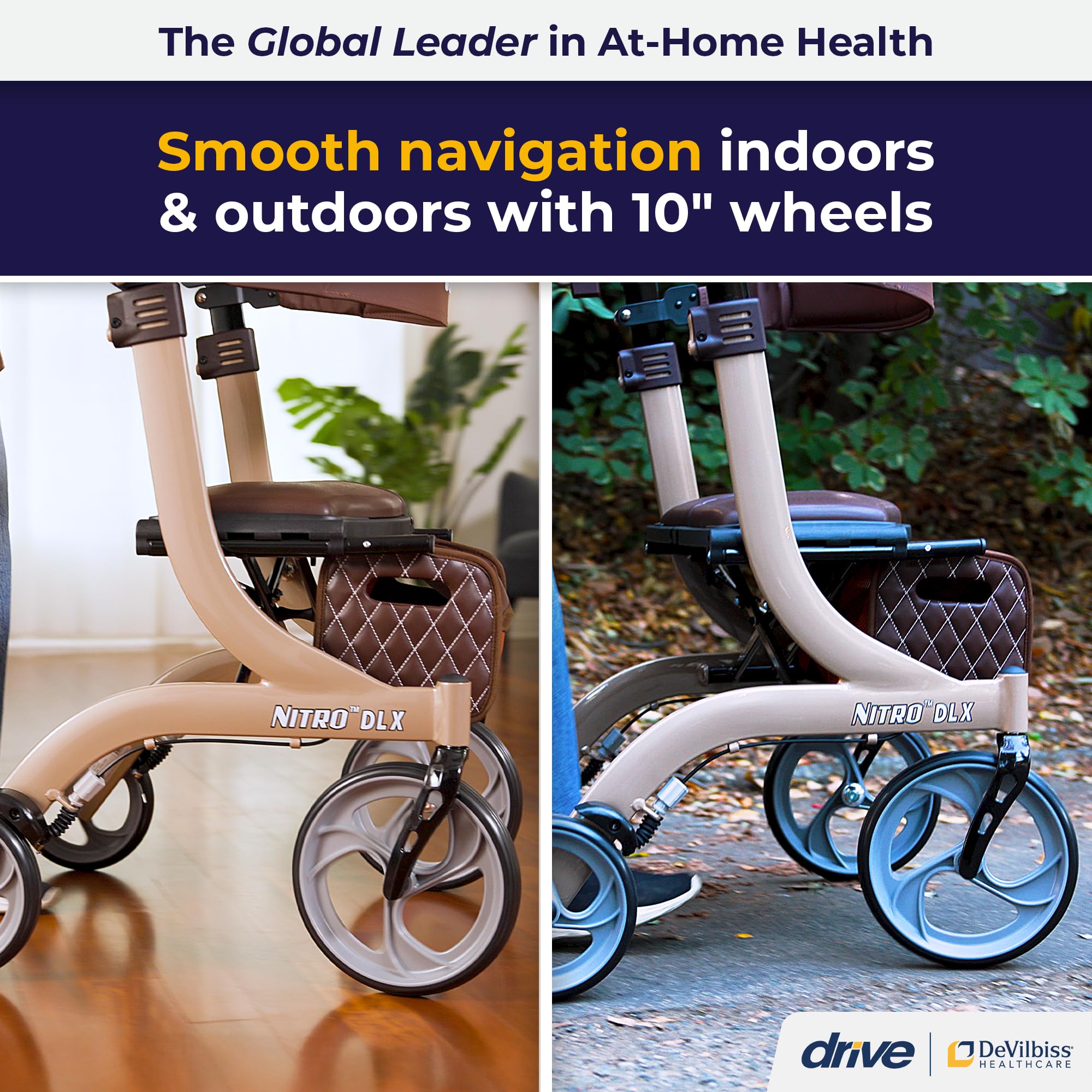 Drive Medical Nitro DLX Foldable Rollator Walker for Seniors & Adults - Hand Activated Brakes - Padded Seat - Storage Bag - 10 Inch Front Wheels - Folding Mobility Aid - Champagne