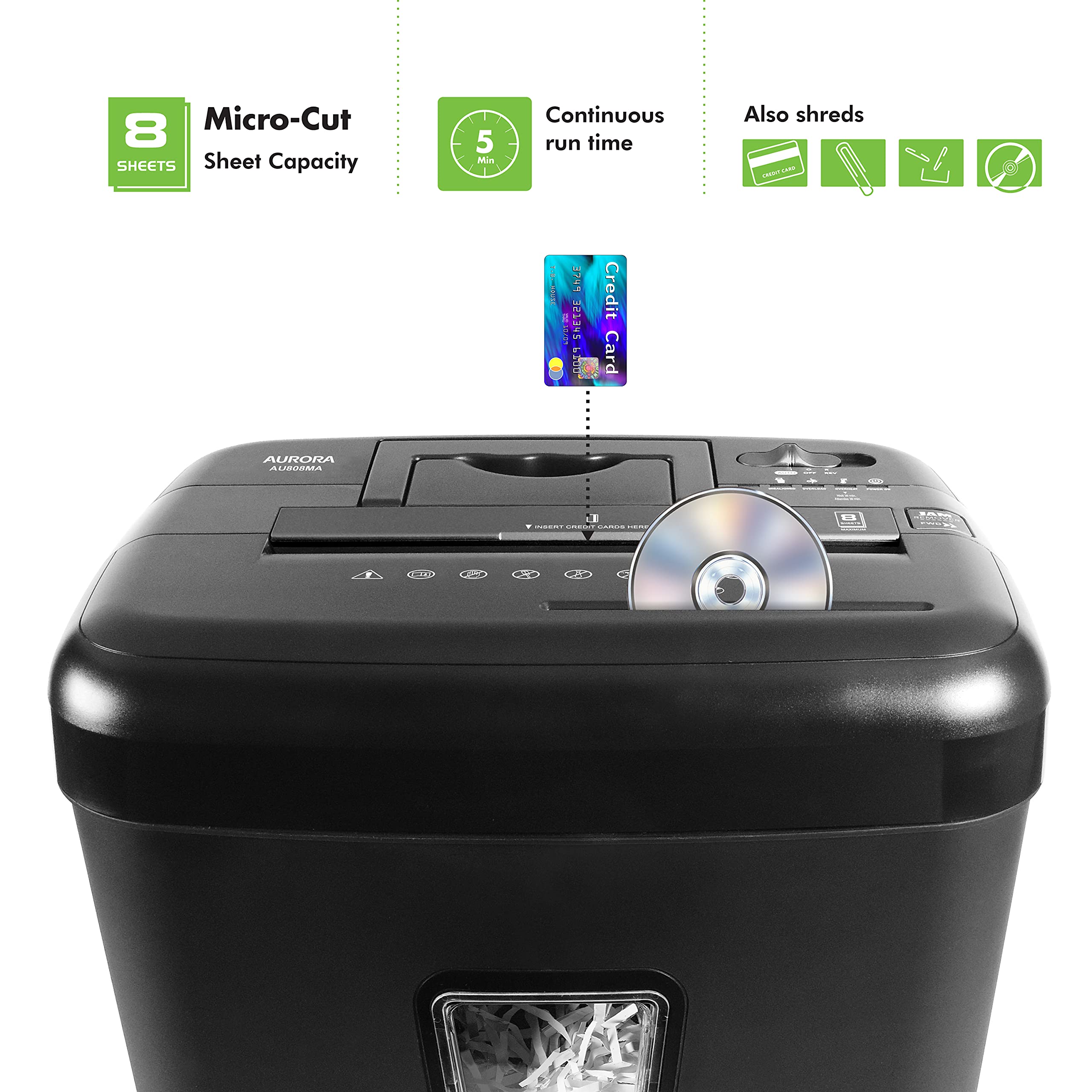 Aurora AU808MA High-Security 8-Sheet Micro-Cut Paper, CD/DVD and Credit Card Paper Shredder