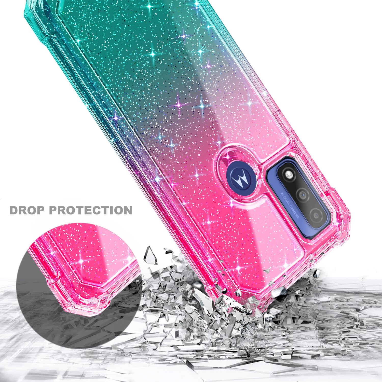 NZND Designed for Motorola Moto G Pure Case, Moto G Play 2023 /Power 2022 with [Built-in Screen Protector], Full-Body Protective Shockproof Bumper Glossy Stylish Case (Glitter Pink/Aqua)