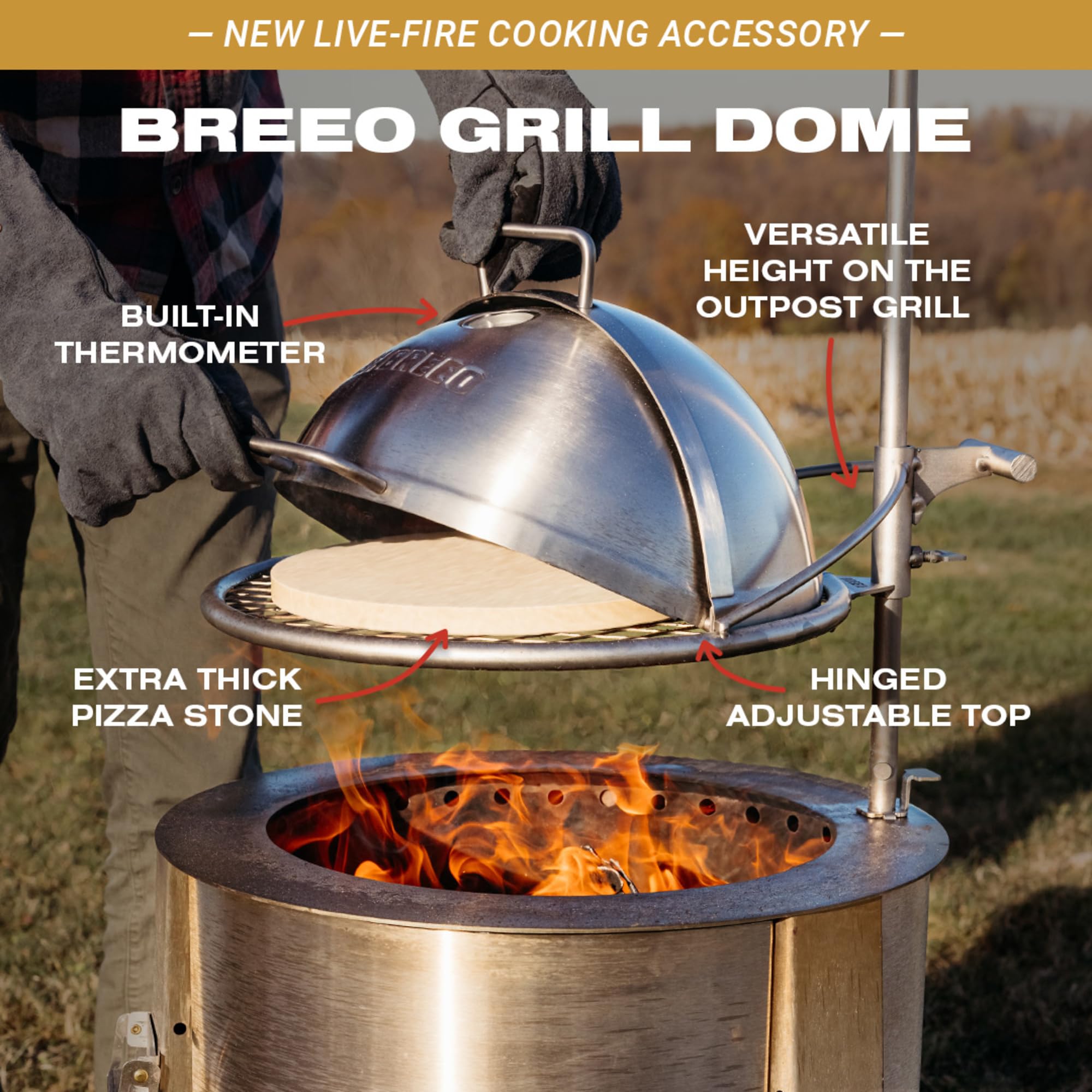 Breeo Grill Dome Hinged Stainless Steel Dome w/Built-in Thermometer, Griddle Accessories Kit, Outdoor Set for Live-Fire Cooking Fits X/24, X/30 Series - Outpost Grill Required