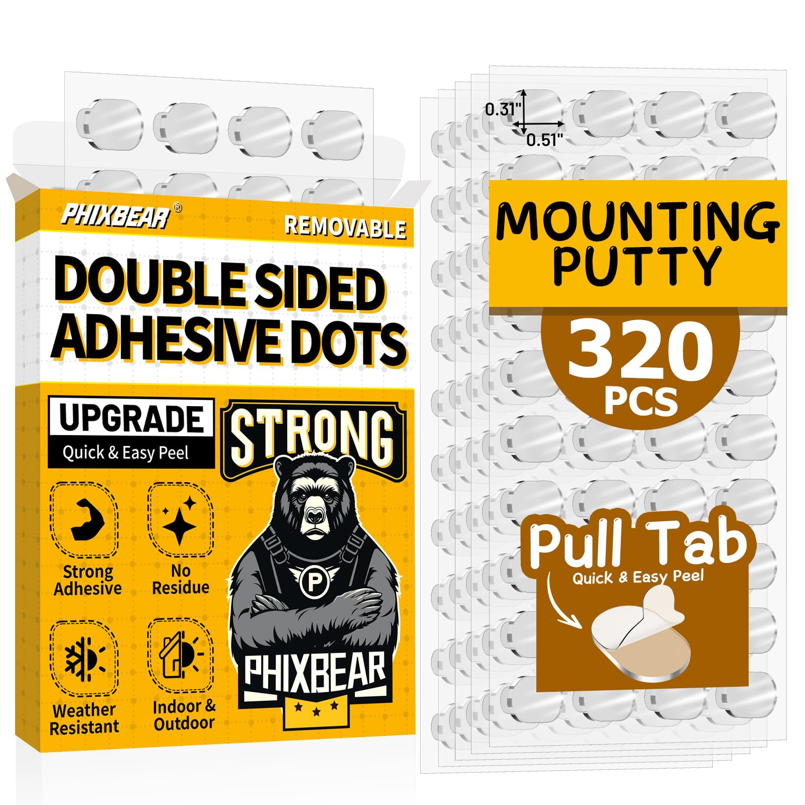 PHIXBEAR Upgraded Removable Mounting Putty with Pull Tab, Double Sided Adhesive Dots, No Trace Tape Sticky Tack Dots for Picture Crafts, 320 Pcs 0.31" x 0.51"