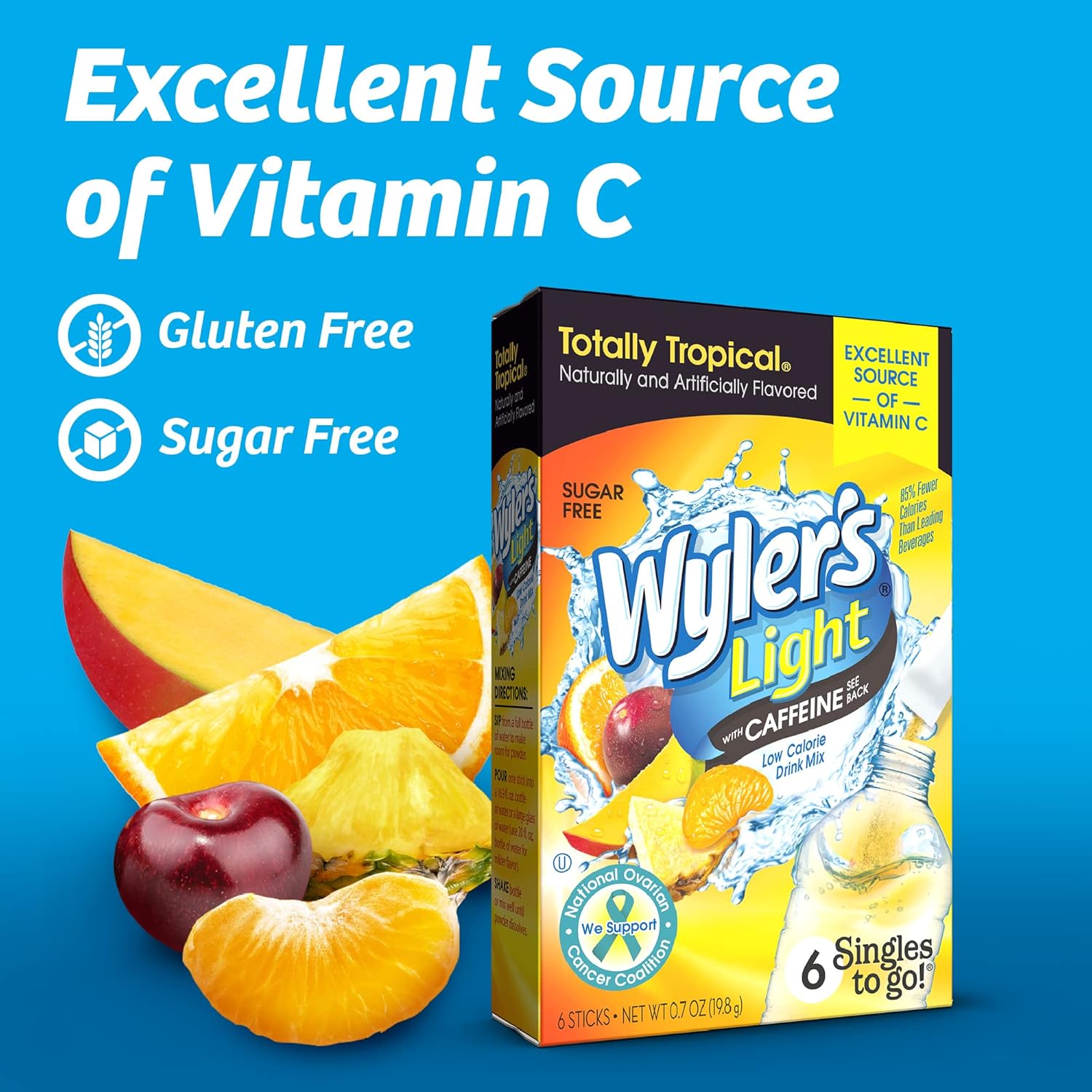 Wyler's Light Singles to Go Caffeinated Drink Mix - Totally Tropical Powder Sticks -72 Total Servings (Pack of 12)