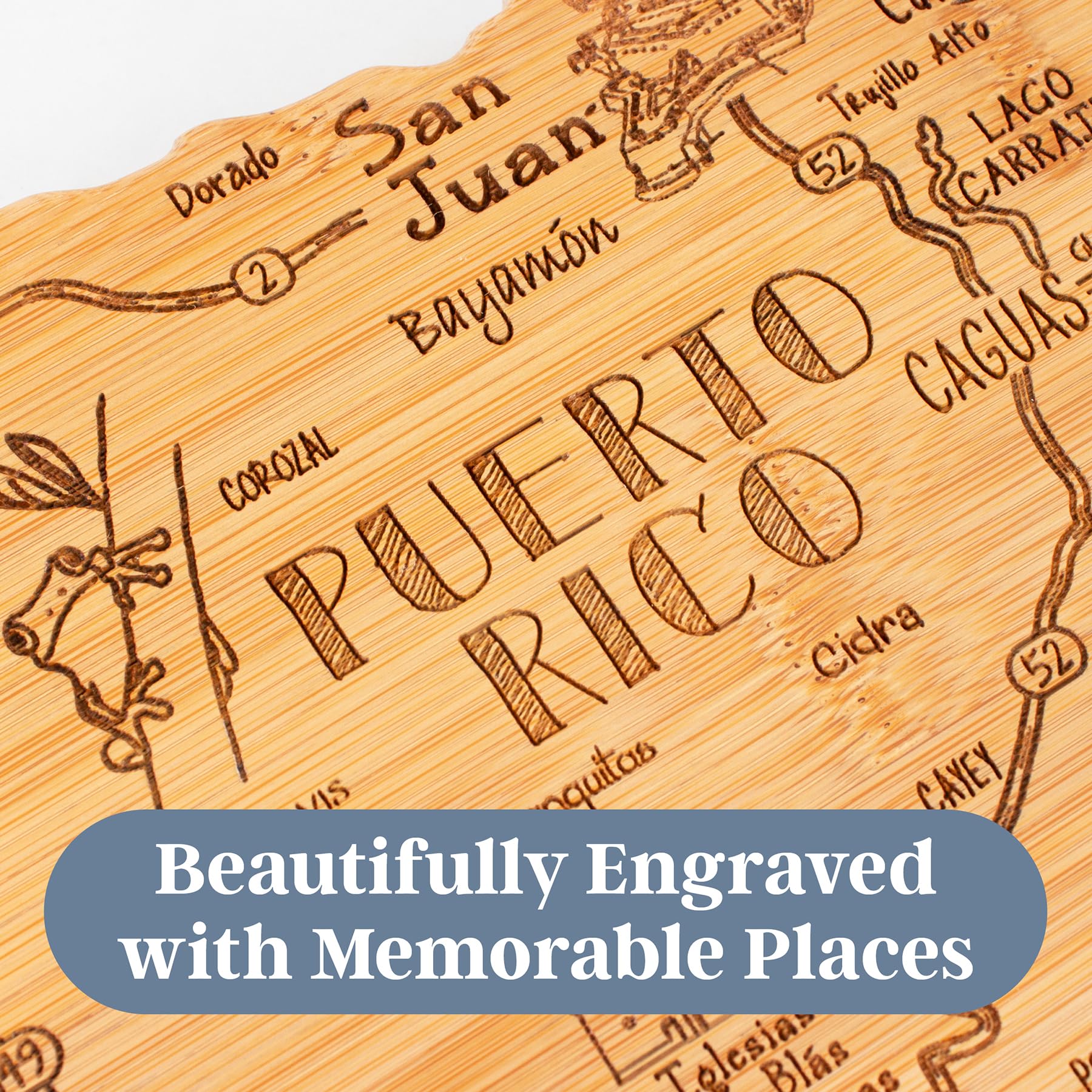 Totally Bamboo Destination Puerto Rico Cutting Board, Charcuterie & Serving Board | Laser Engraved Bamboo Map with Hang Tie for Wall Art | Puerto Rican Kitchen Gift & Decor