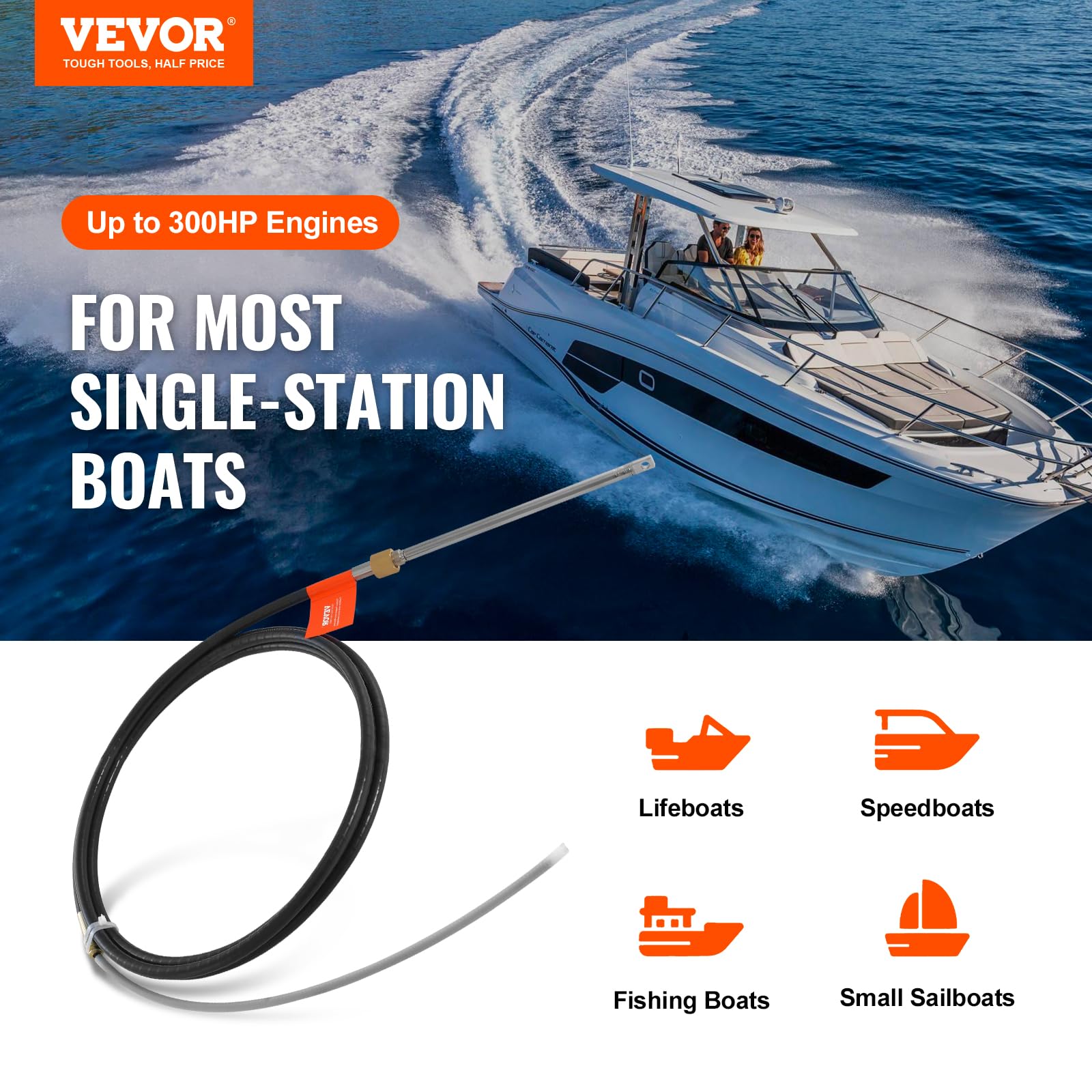 VEVOR16' Boat Steering Control Cable, 3/4" Standard Tapered Shaft, Alloy Marine-Grade Material, for Yachts, Fishing Boats, and Other Waterborne Vehicles