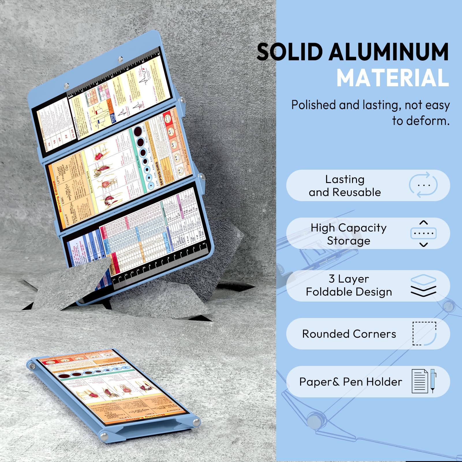 Nursing Clipboard Foldable, Foldable Clipboard w/Nursing Edition Cheat Charts,3 Layers Aluminum, Nurse Clipboard w/Low Profile Clip&Pen Clip Pocket Clipboard for Nurses and Doctors,Light Blue