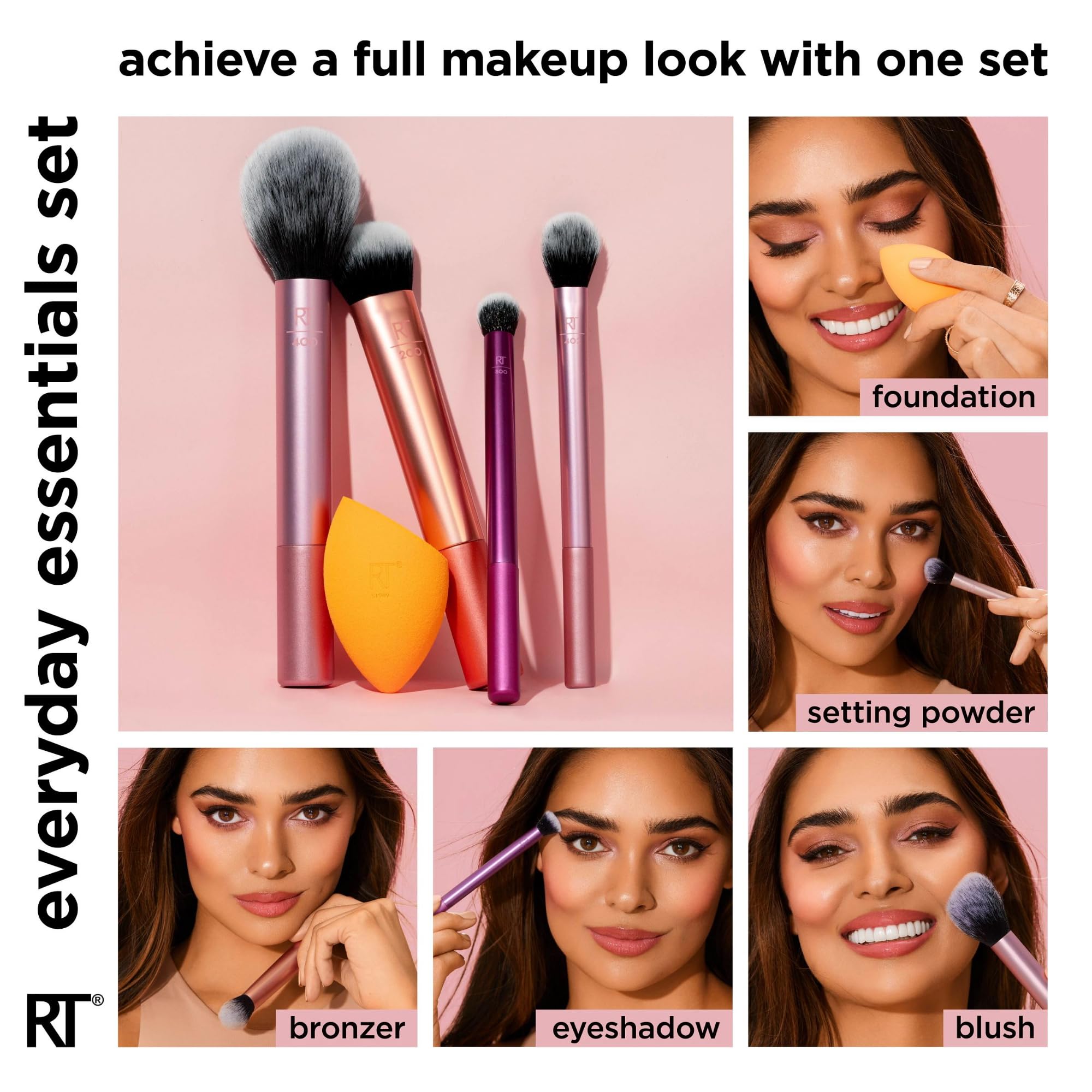 Real Techniques 6 Piece Everyday Essentials Makeup Brush Set, 4 Brushes & 2 Makeup Sponges, For Foundation, Blush, Contour, Eyeshadow, & Powder, Travel Gift Set, Stocking Stuffer, Cruelty-Free