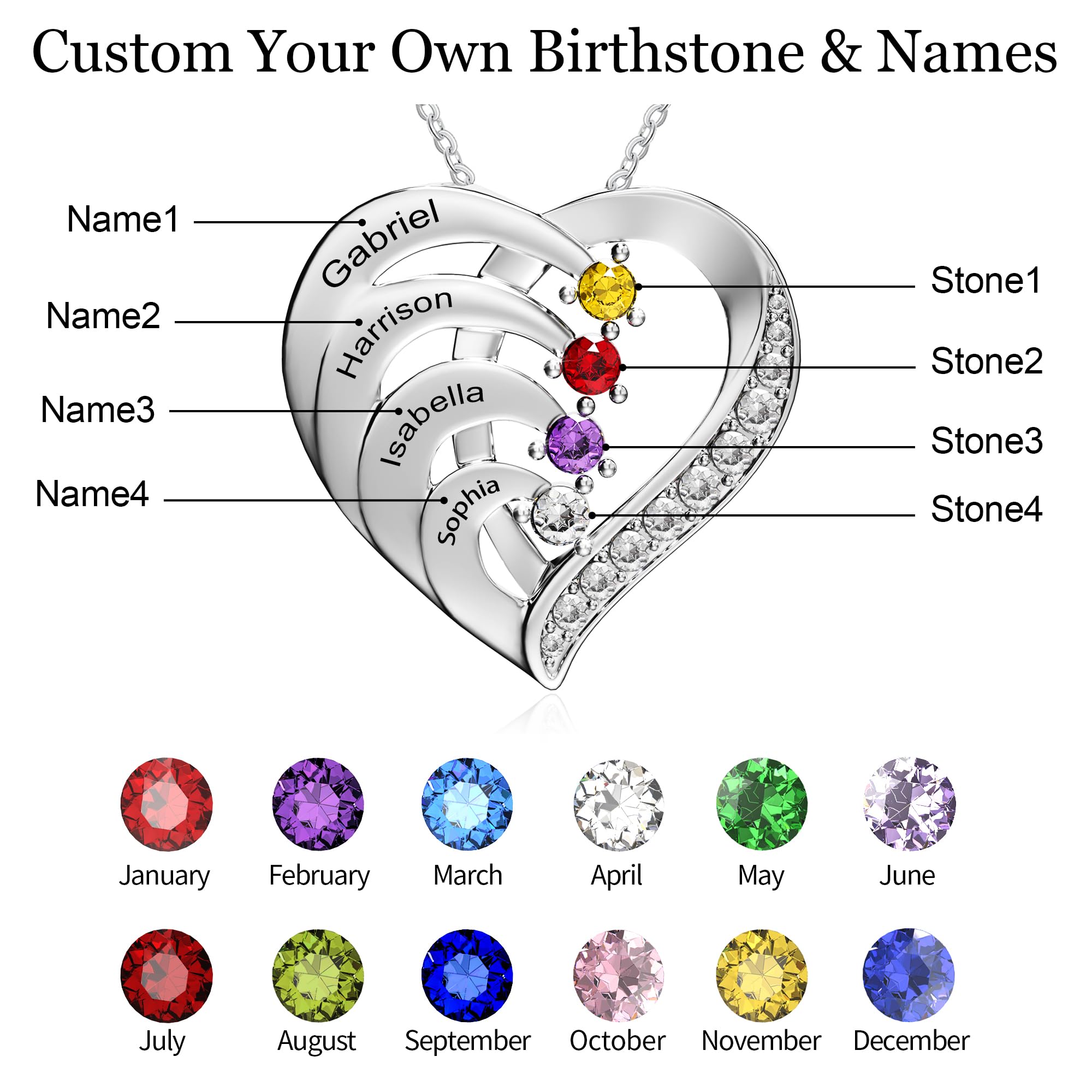 Easycosy Personalized 4 Names Necklace with Simulated Birthstones Custom Promise Necklace Heart Pendant with Engraved Names - Anniversary Birthday Christmas Jewelry Gifts for Women Mom Grandma Wife