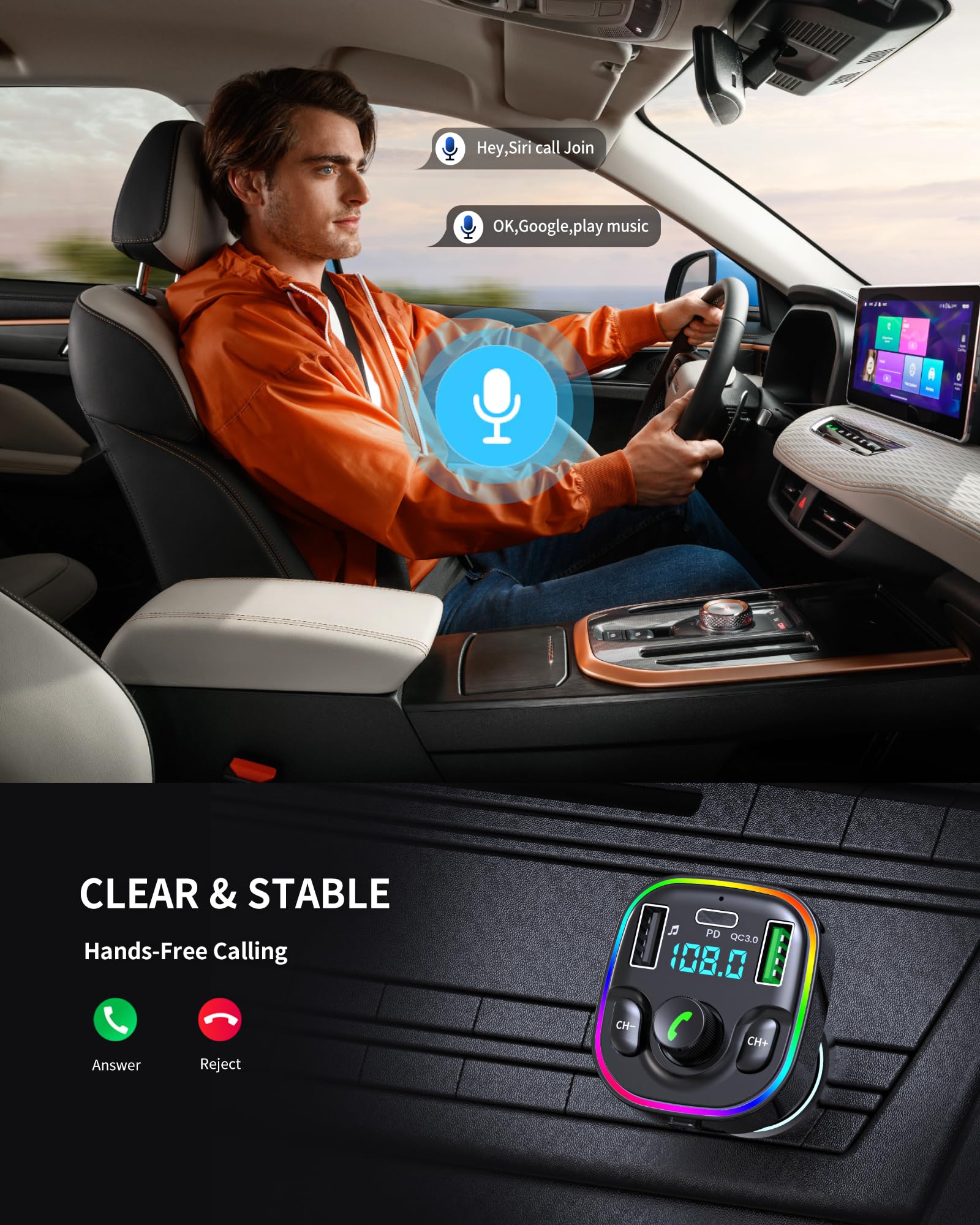Bluetooth 5.3 FM Transmitter Car Adapter - Bluetooth Car Adapter with Fast Charger [PD 30W & QC3.0 18W]，Hi-Fi Audio & Clear Calls, 7 Colors LED Backlit