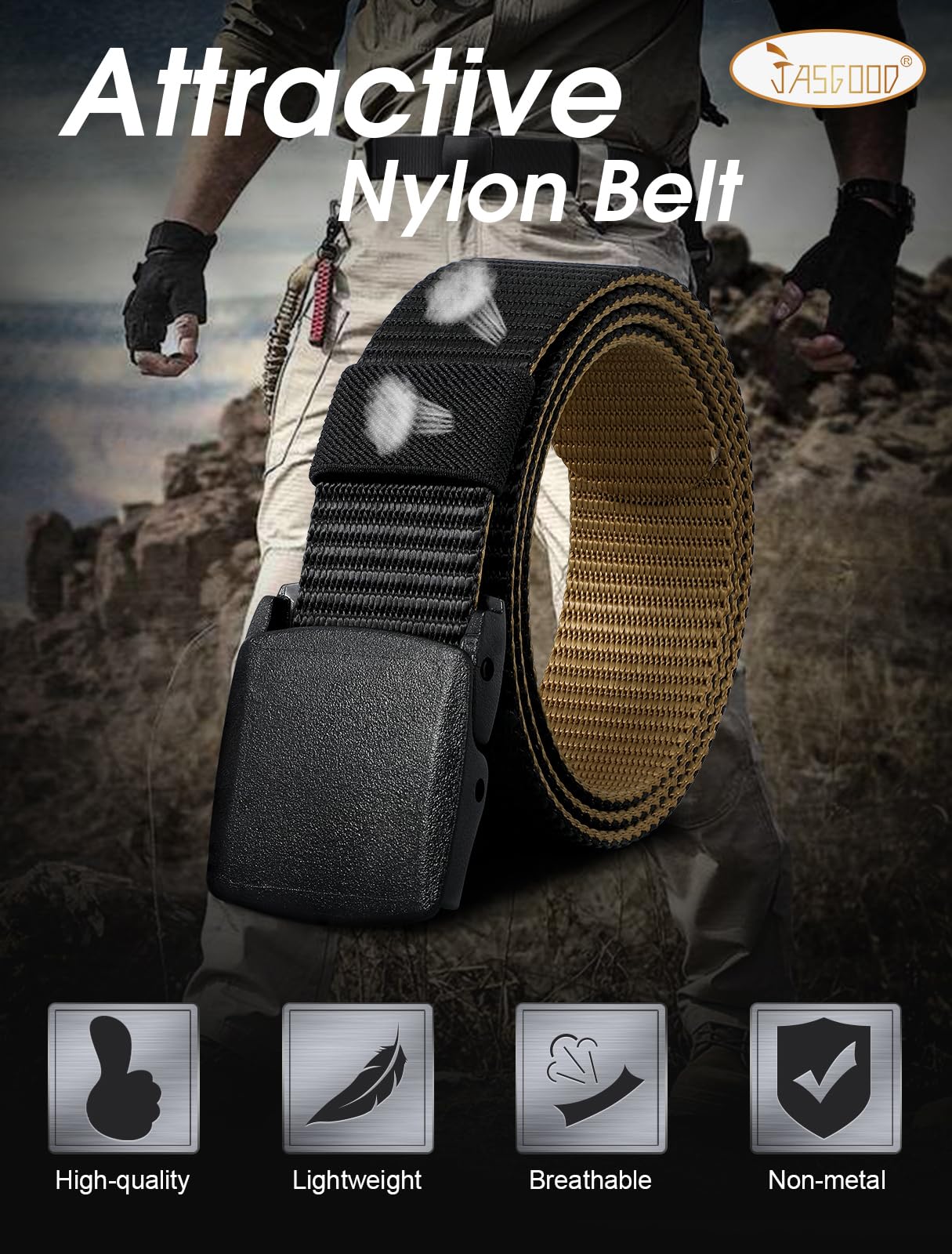 JASGOOD Nylon Canvas Breathable Military Tactical Reversible Web Nylon Belt for Men