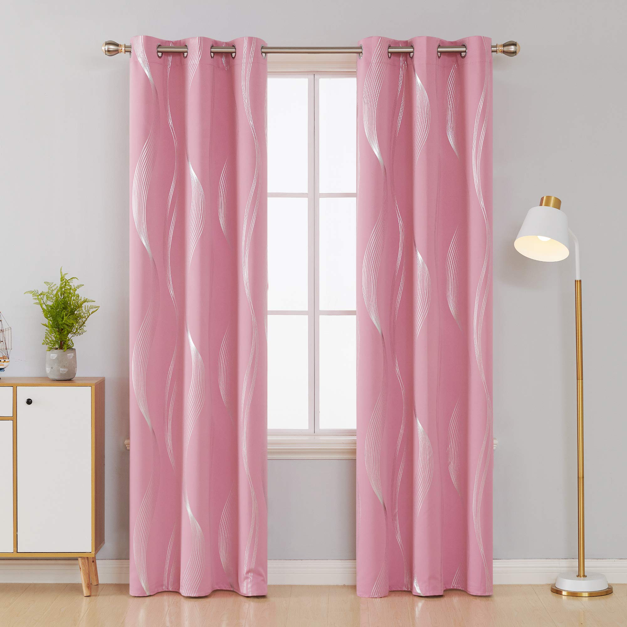 Deconovo Foil Print Wave Striped Blackout Curtains, Thermal Insulated Room Darkening Grommet Top Drapes for Living Room, 42x95 Inch, 2 Panels, Pink