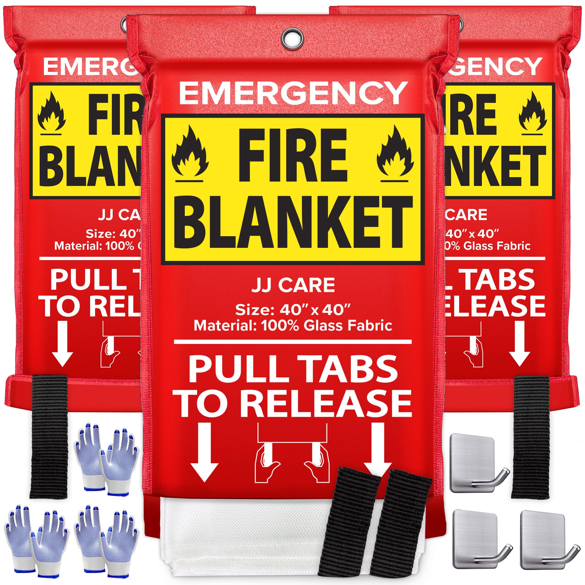 JJ CARE Fire Blanket – 3 Packs with Hooks and Gloves – Emergency Fire Blanket for Home & Kitchen, High Heat Resistant Fire Suppression Blankets for Home Safety, Kitchen, and Camping