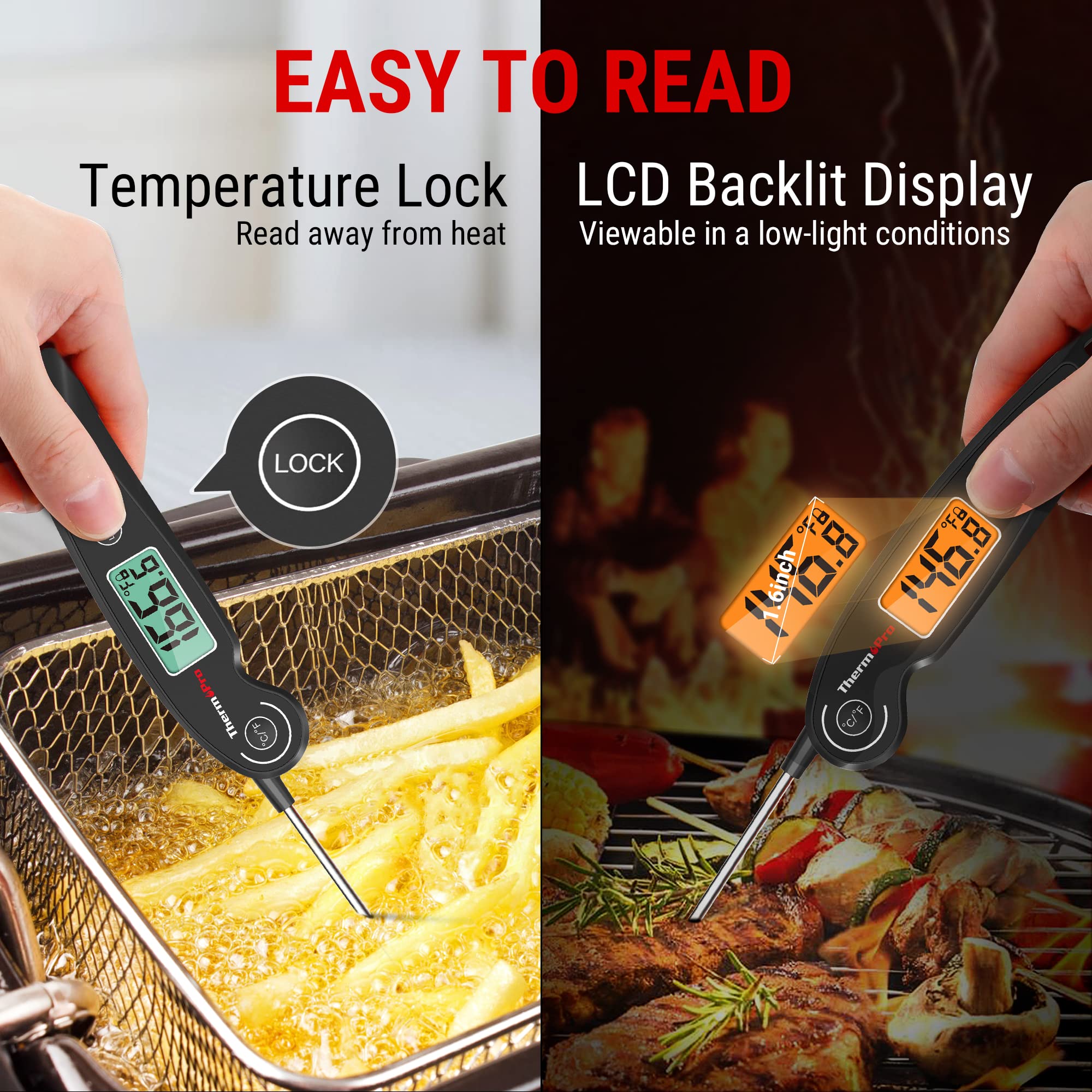 ThermoPro TP605 Instant Read Meat Thermometer Digital for Cooking, Waterproof Food Thermometer with Backlight & Calibration, Digital Probe Cooking Thermometer for Kitchen, Outdoor Grilling and BBQ