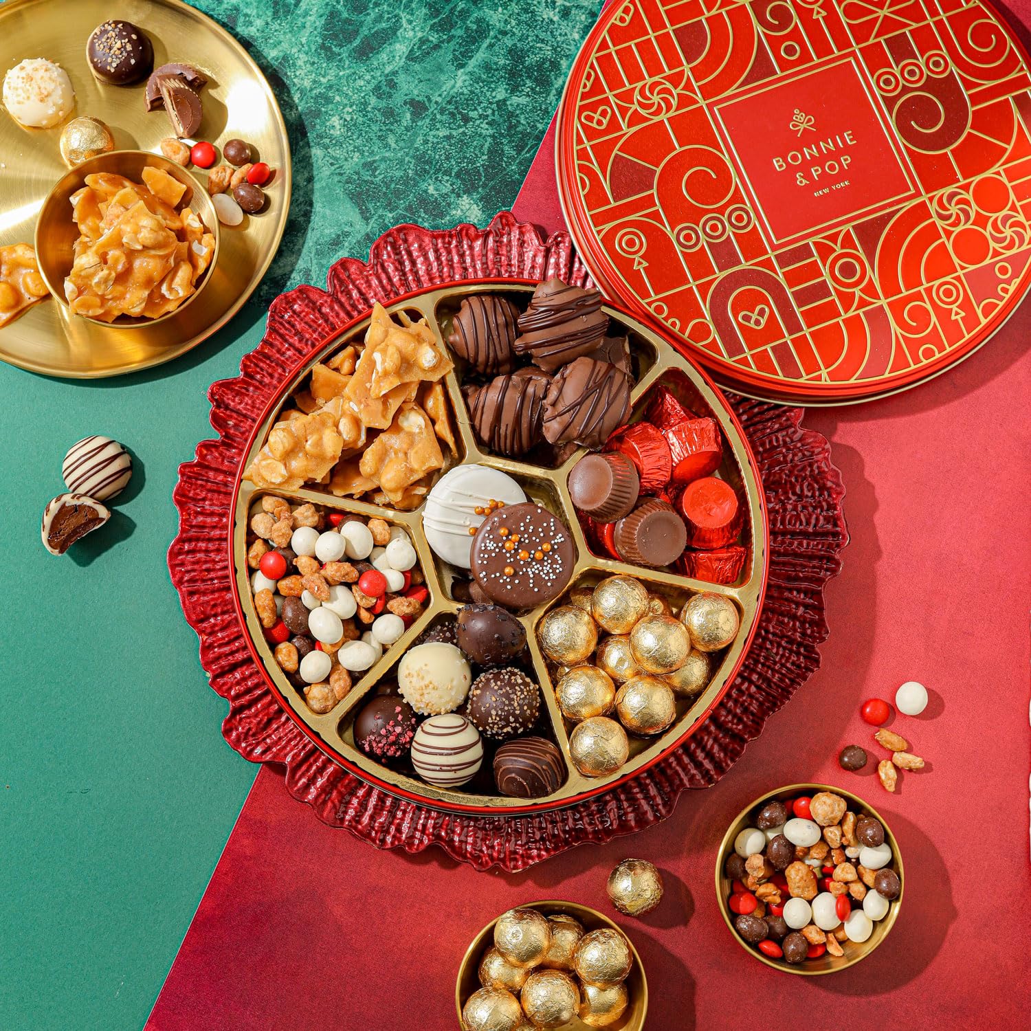 Holiday Snack Gift Tin, Round, Modern Pattern, Assorted Treats: Belgian Truffles, Chocolate Covered Oreos, Peanut Brittle and Candy Nuts