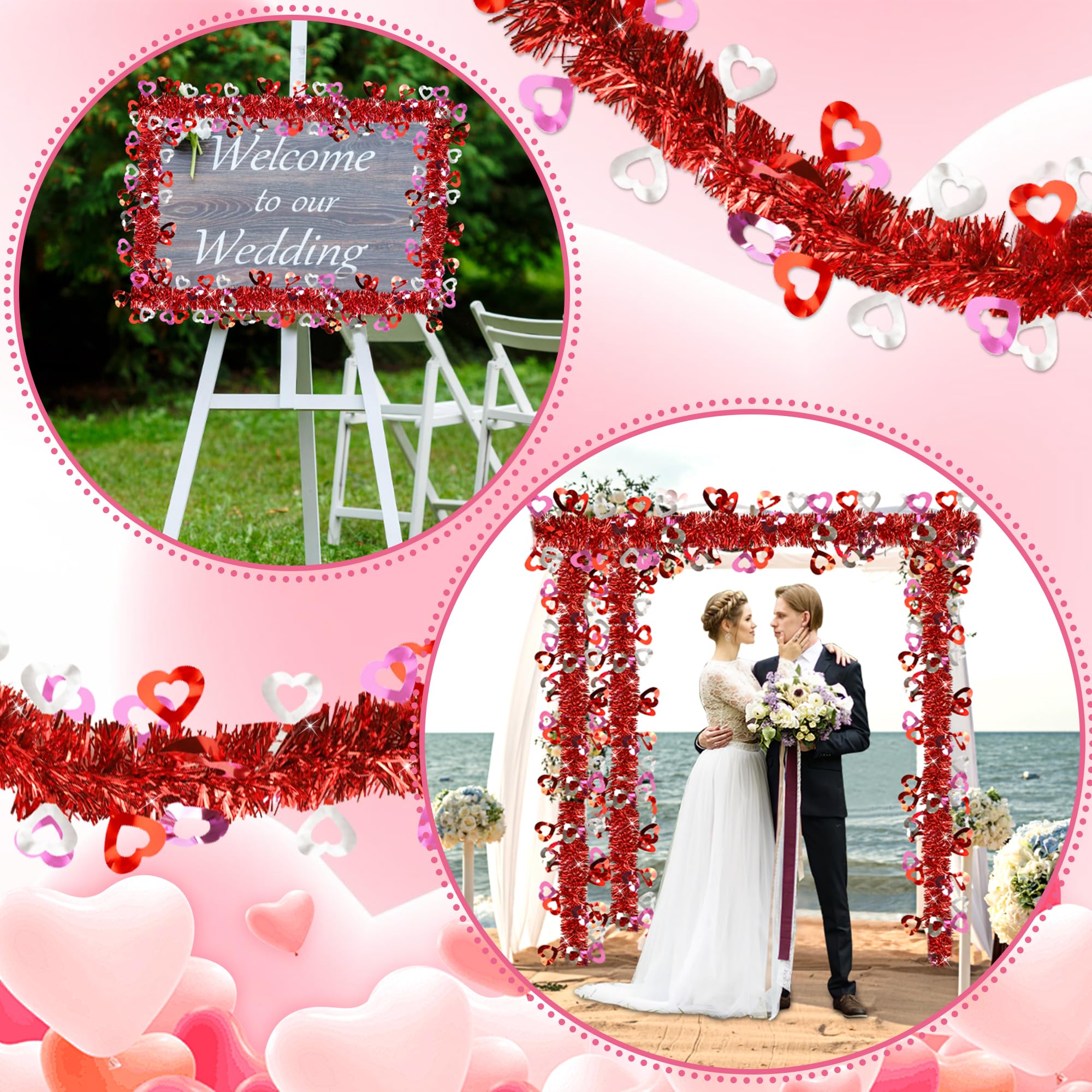 33 FT Valentines Day Decorations Tinsel Garland, Valentines Day Decor Red Pink Silver Heart Garland Valentines Metallic Garland Decorations for Tree Home Indoor Outdoor Wedding Anniversary Valentines