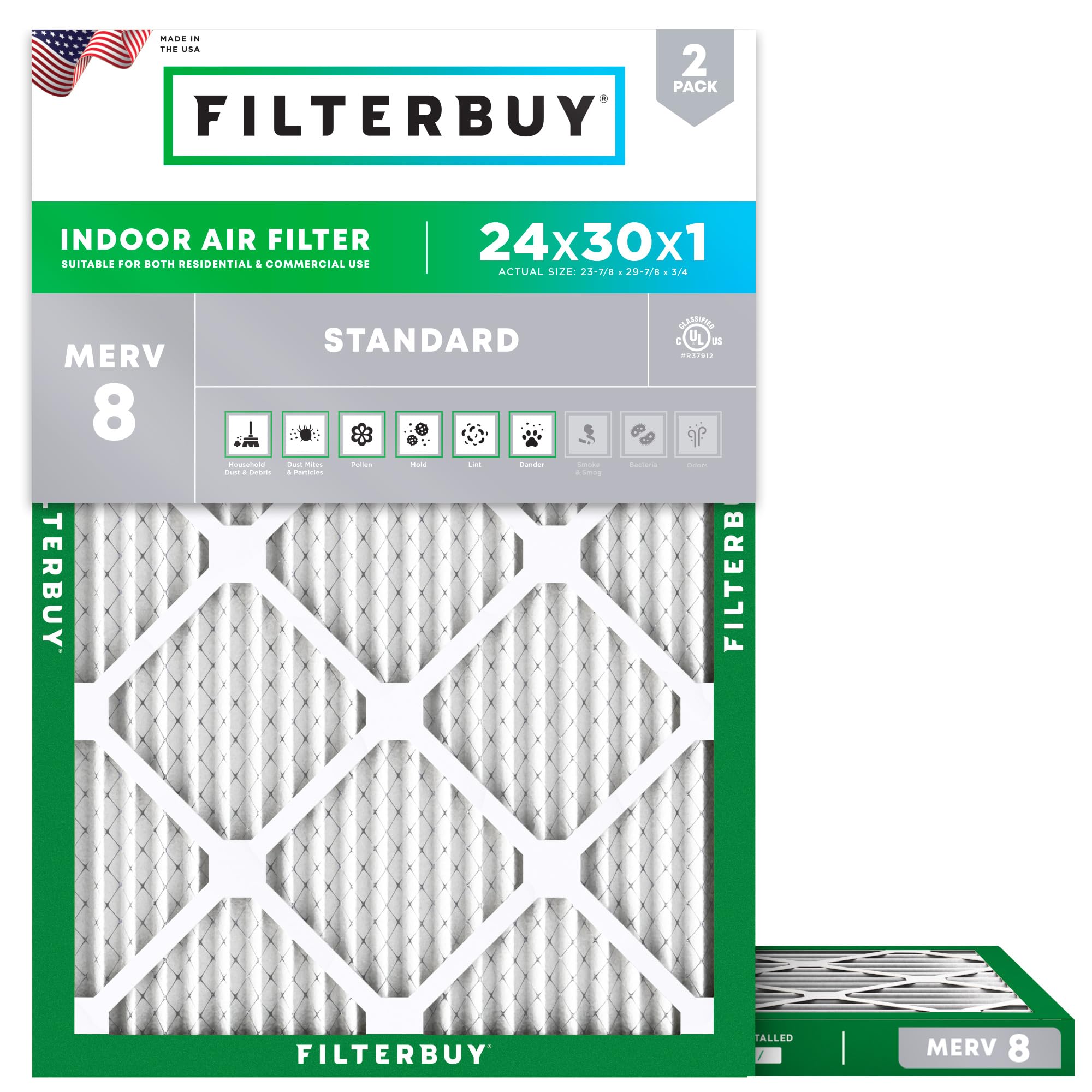 Filterbuy 24x30x1 Air Filter MERV 8 Dust Defense (2-Pack), Pleated HVAC AC Furnace Air Filters Replacement (Actual Size: 23.88 x 29.88 x 0.75 Inches)