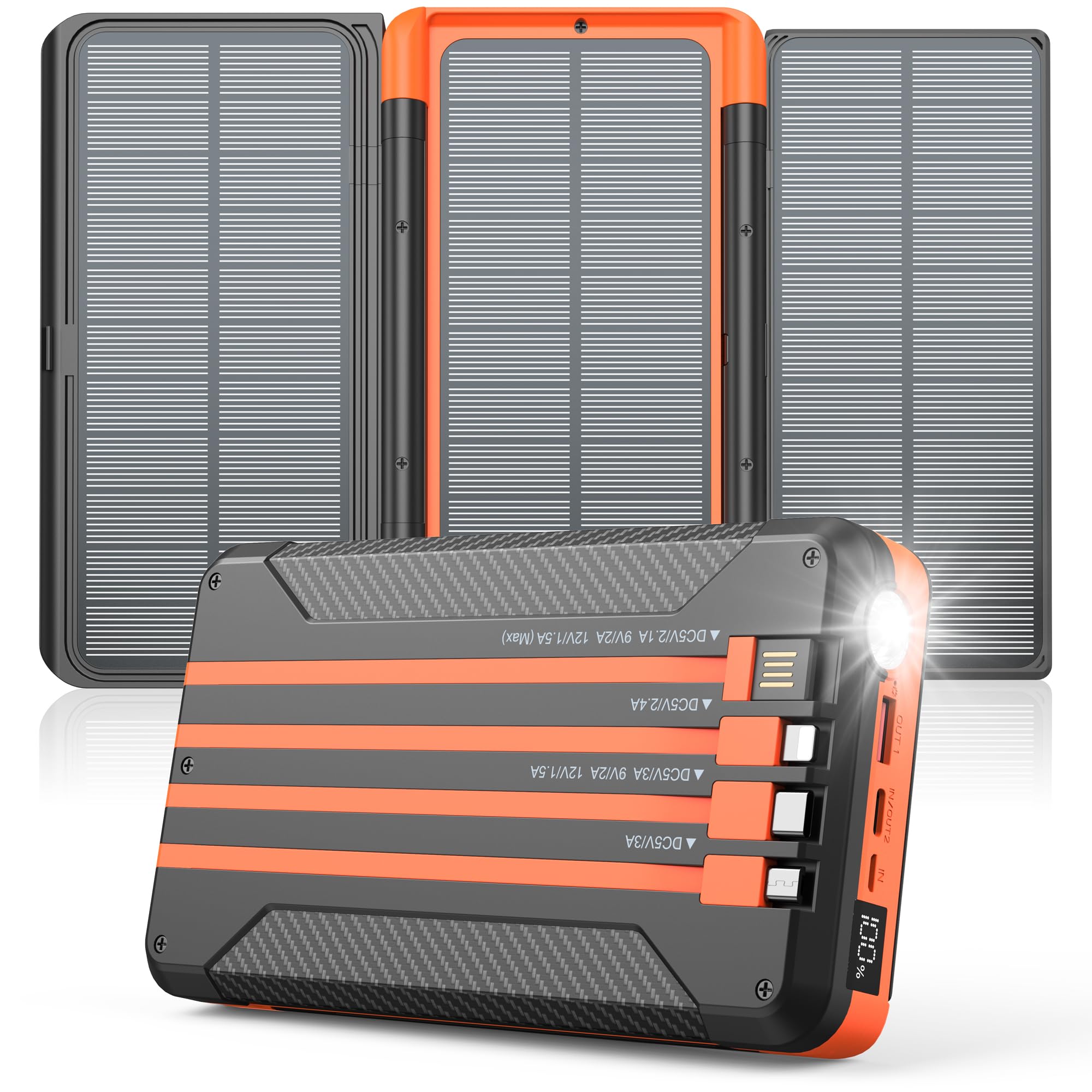 Power Bank Solar Charger 46800mAh Built in 4 Cables 3 Foldable Solar Panels, PD20W Fast Charging Portable Charger, LED Display Powerbank USB C in/Output, External Battery Pack with SOS Camping Light