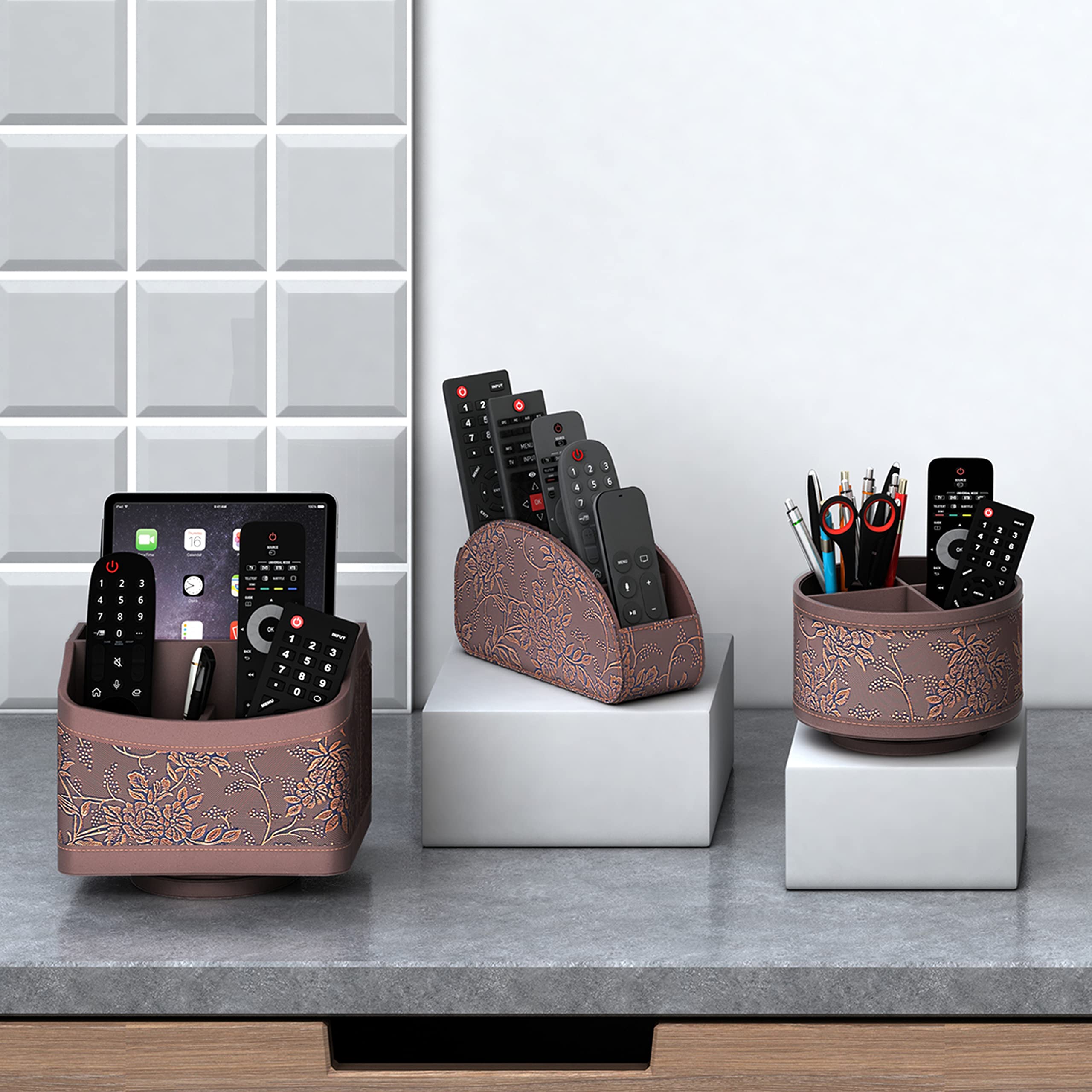 Remote Control Holder, Thipoten Faux Leather Caddy/storage/Tray for Remote Controllers, Reading Glasses, Office Supplies, Makeup Brushes, Perfect Space Saver for End Table/Nightstand/Office Desk