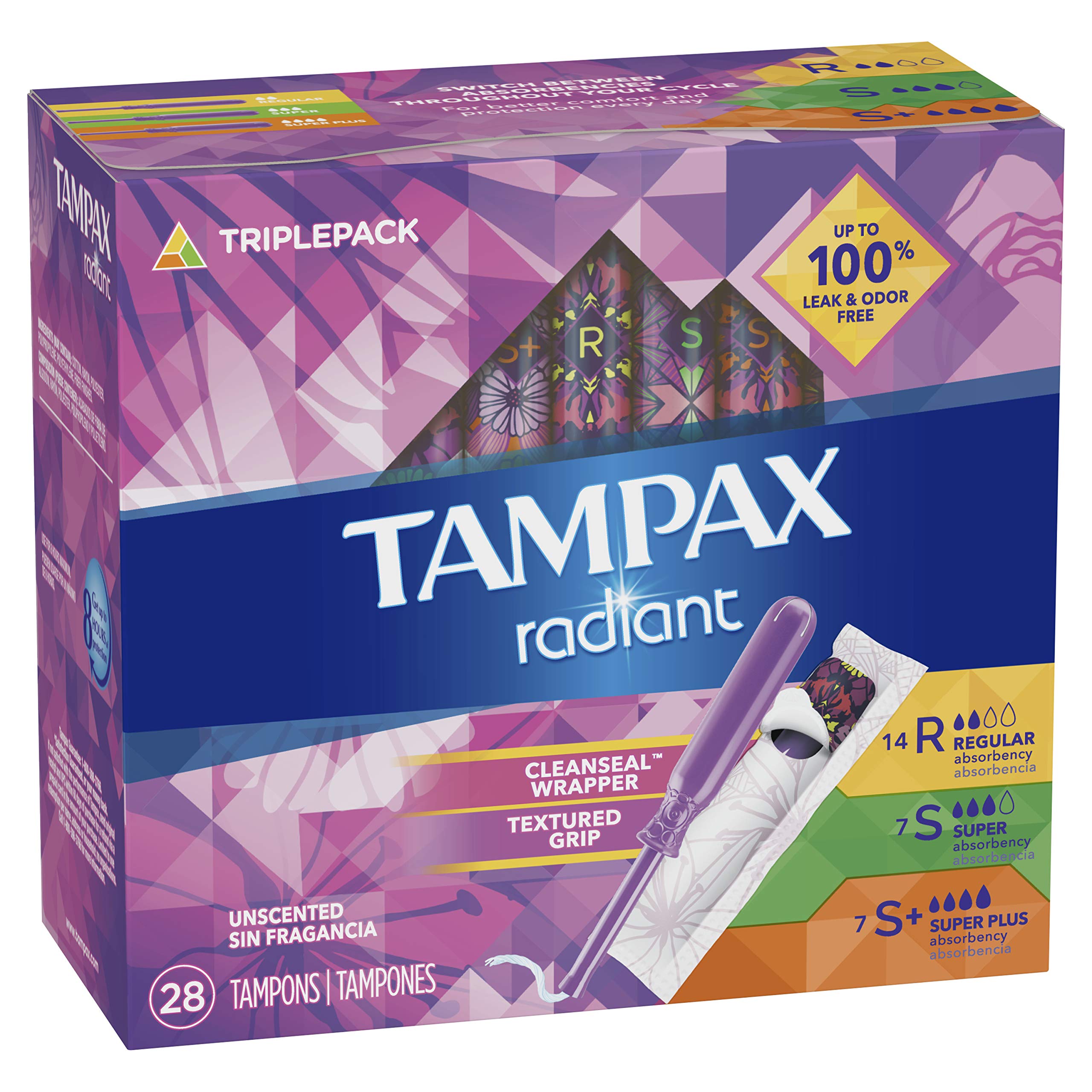 Tampax Radiant Tampons Trio Pack Regular/Super/Super Plus Absorbency, Unscented, 28 Count