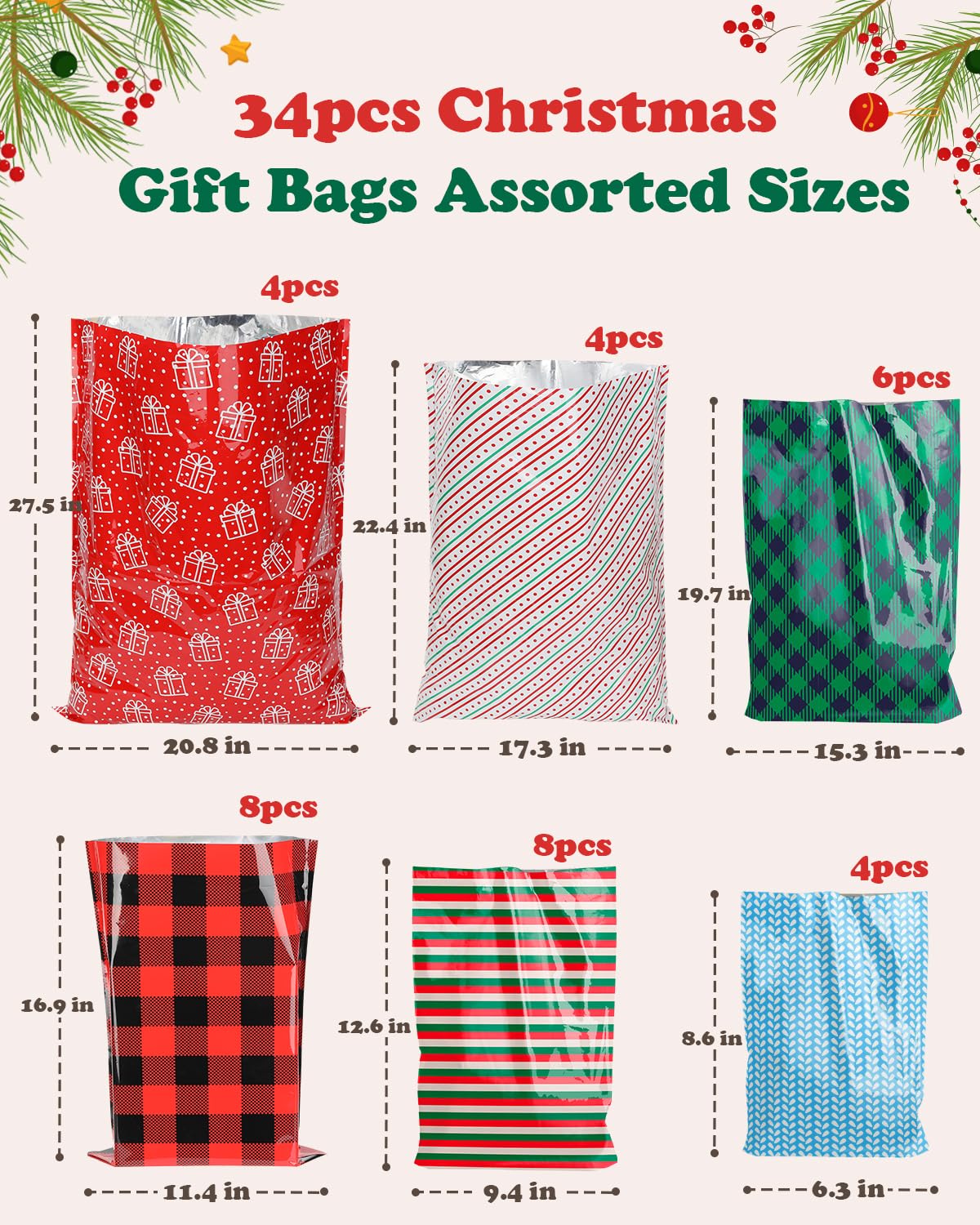 Christmas Gift Bags Assorted Sizes, 34PCS Christmas Bags For Gifts, Small/Medium/Large/Extra Large Christmas Gift Bags with Ribbon Ties, Holiday Xmas Santa Plastic Reusable Wrapping Gift Bag Bulk