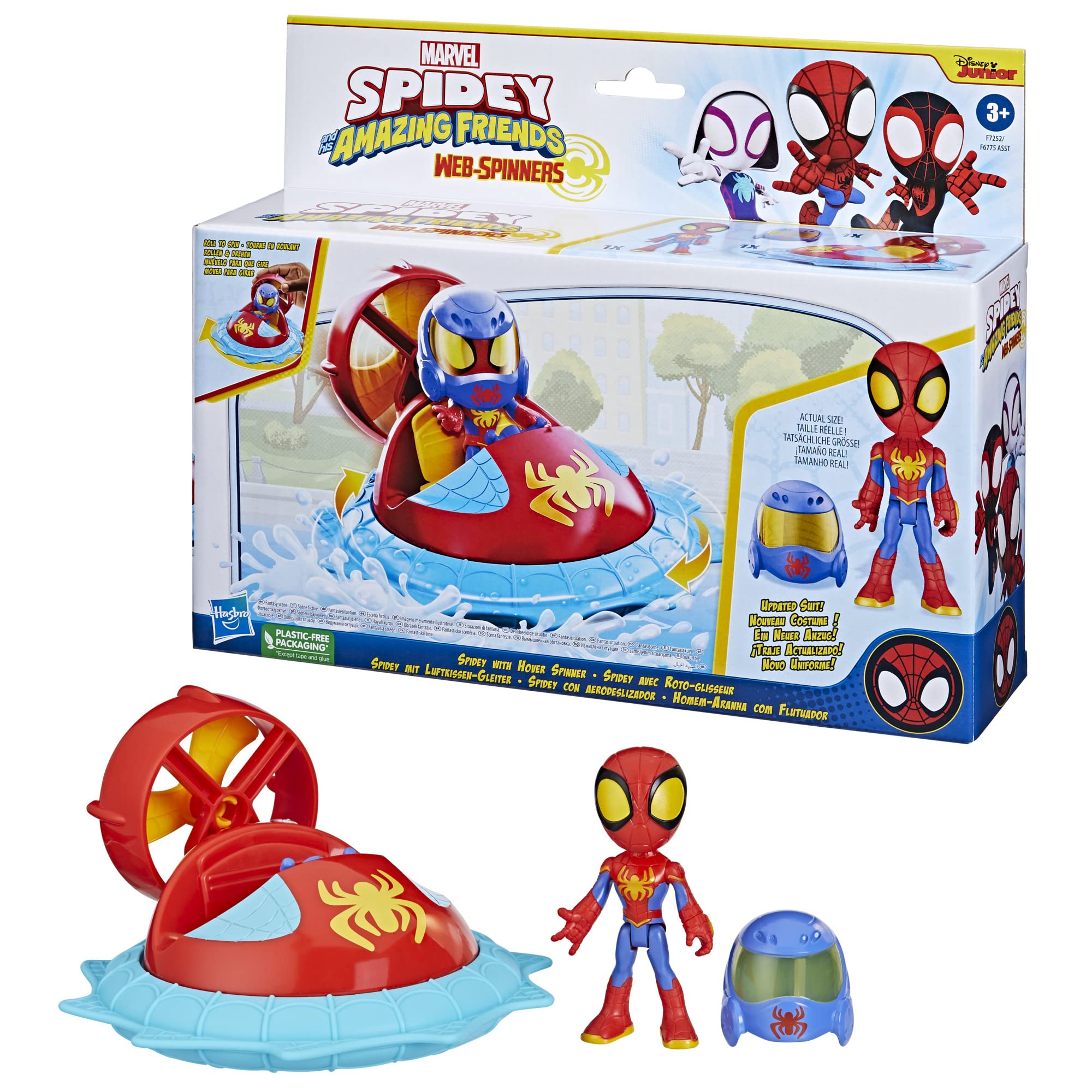 Spidey and his Amazing Friends Marvel Web-Spinners Spidey with Hover Spinner, Car Playset with Vehicle, 4-Inch Scale Action Figure and Accessory, Toy Cars for Kids 3 and Up