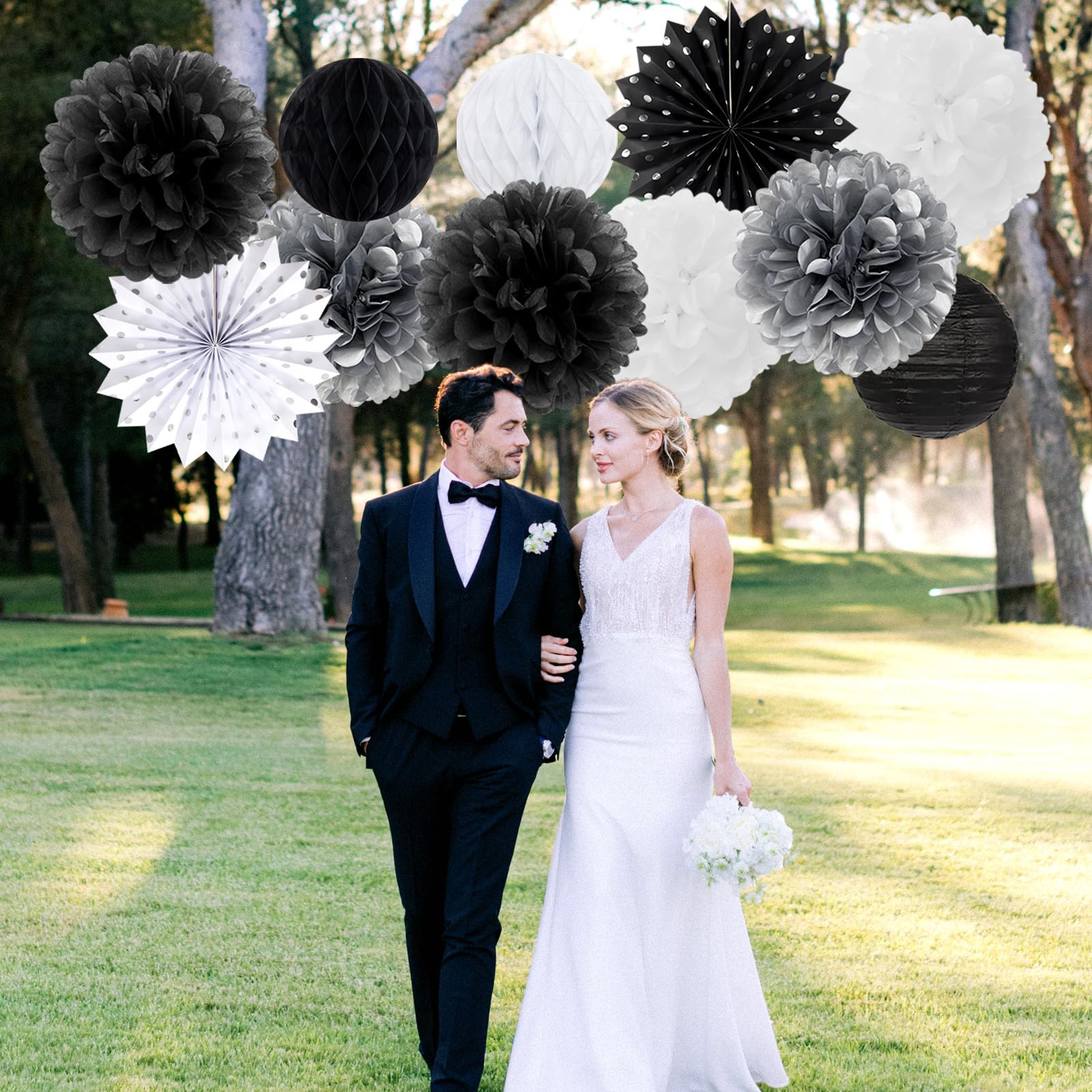 Black White Silver Party-Decorations Streamers-Lanterns - 14pc New Years Graduation 2024 Paper Fan, Bachelorette Birthday Wedding Baby Bridal Shower Tissue Pom Poms,Honeycomb Balls Decor Ouruola